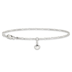 Sterling Silver Polished Shell 9in Plus 1in Ext. Anklet