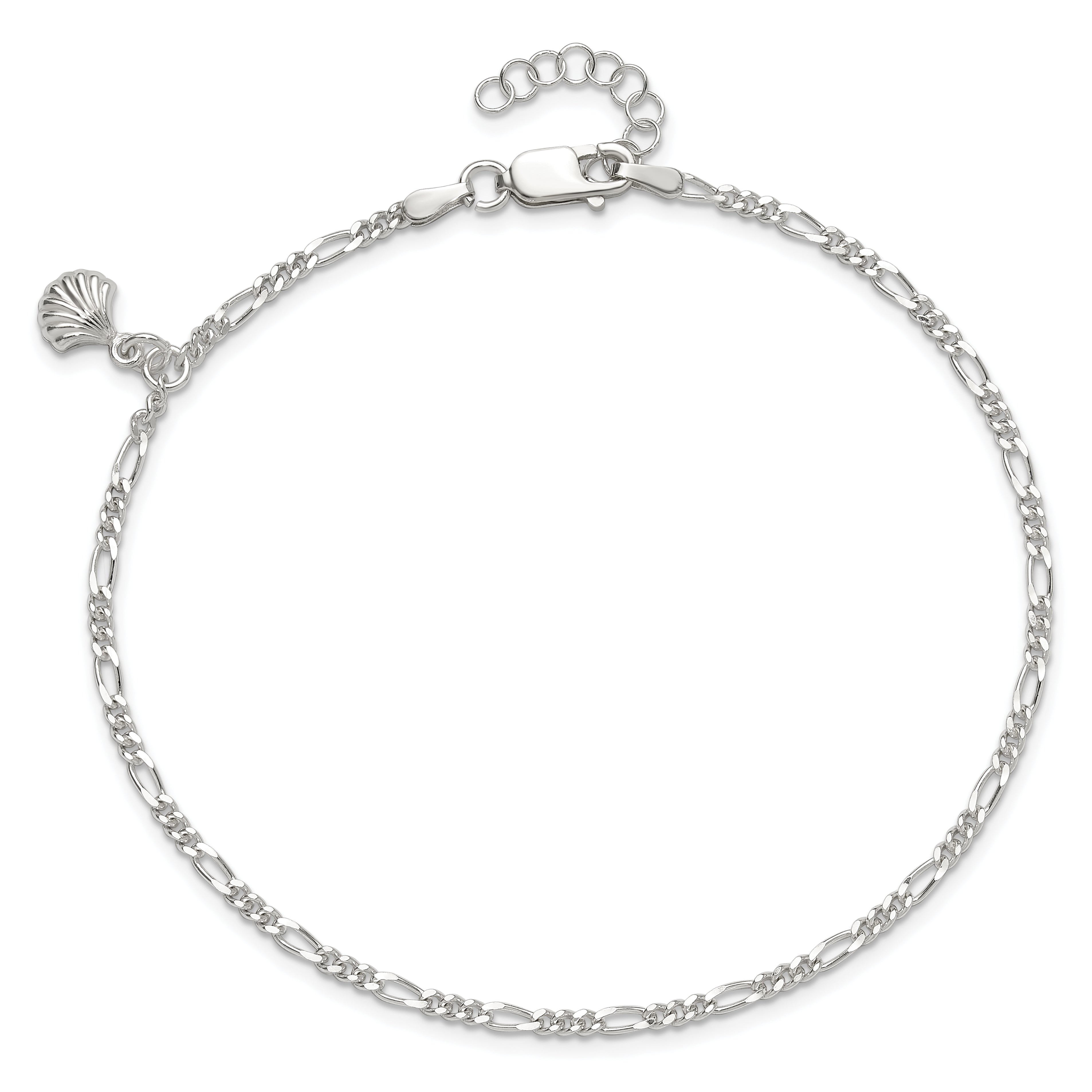 Sterling Silver Polished Shell 9in Plus 1in Ext. Anklet