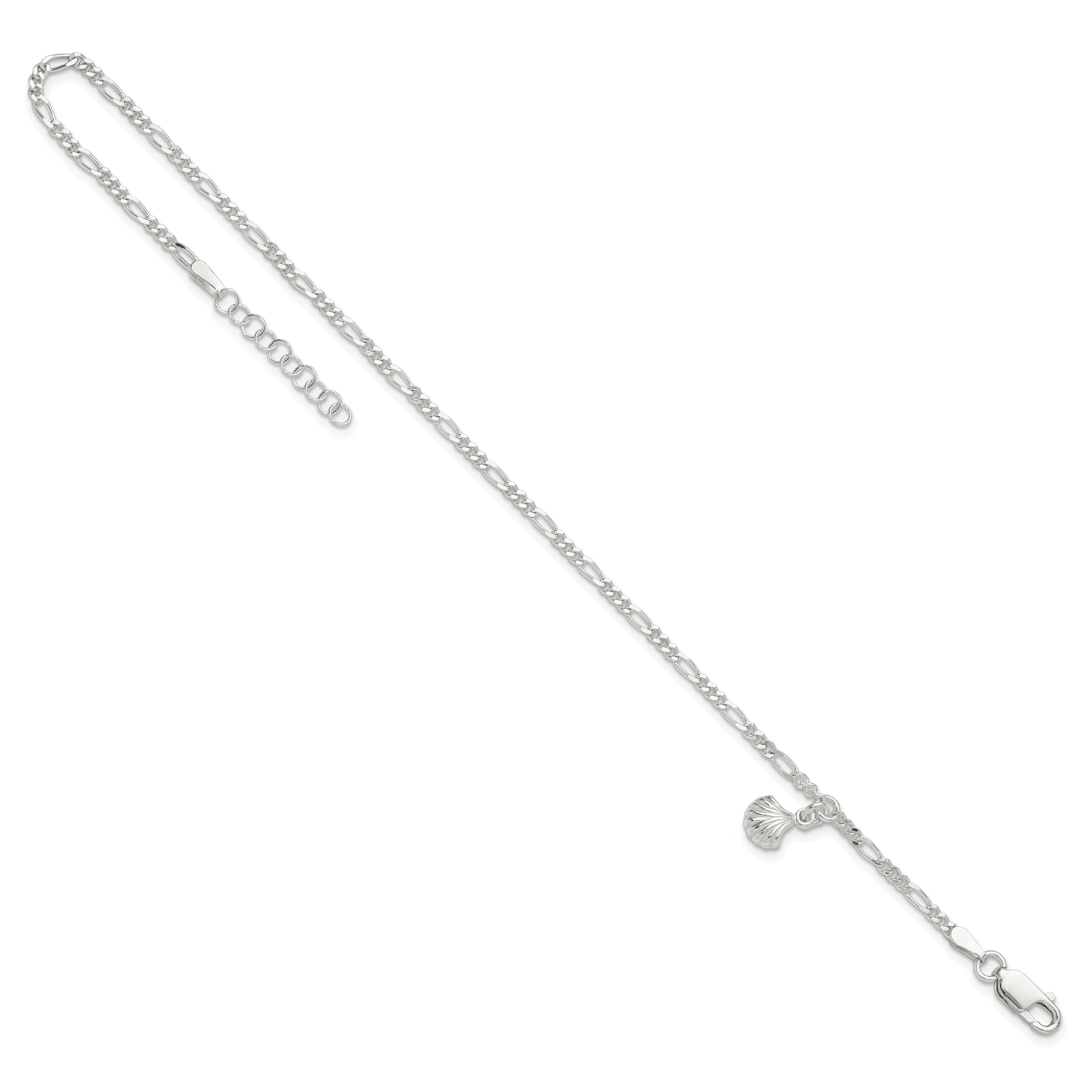 Sterling Silver Polished Shell 9in Plus 1in Ext. Anklet