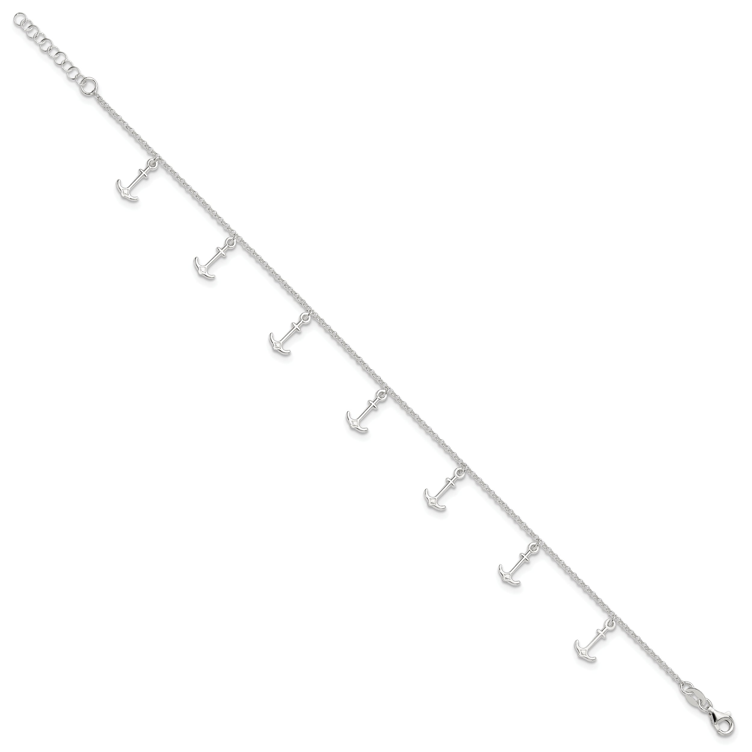 Sterling Silver Polished Anchors 9in Plus 1in Ext. Anklet