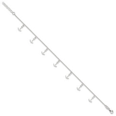 Sterling Silver Polished Anchors 9in Plus 1in Ext. Anklet