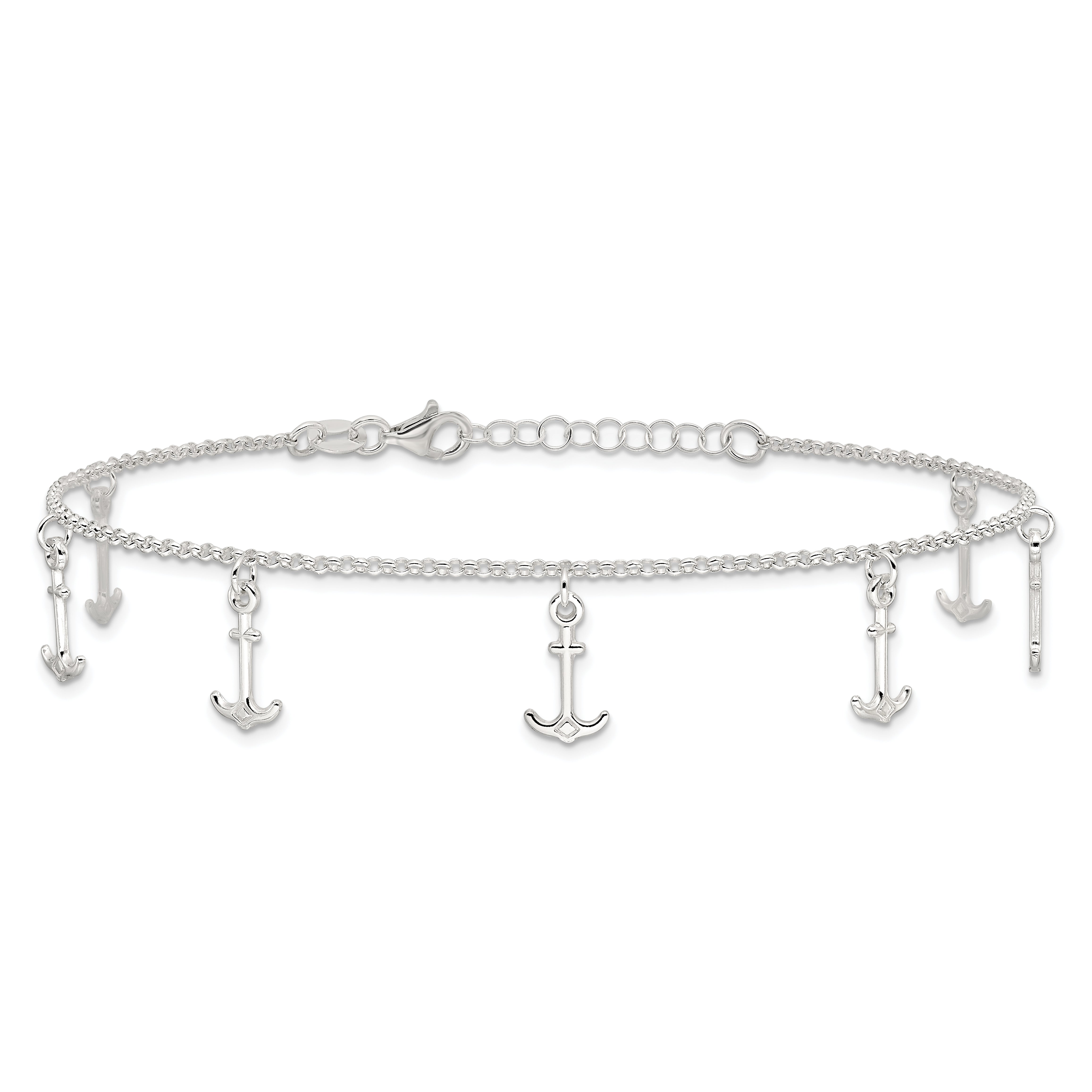 Sterling Silver Polished Anchors 9in Plus 1in Ext. Anklet