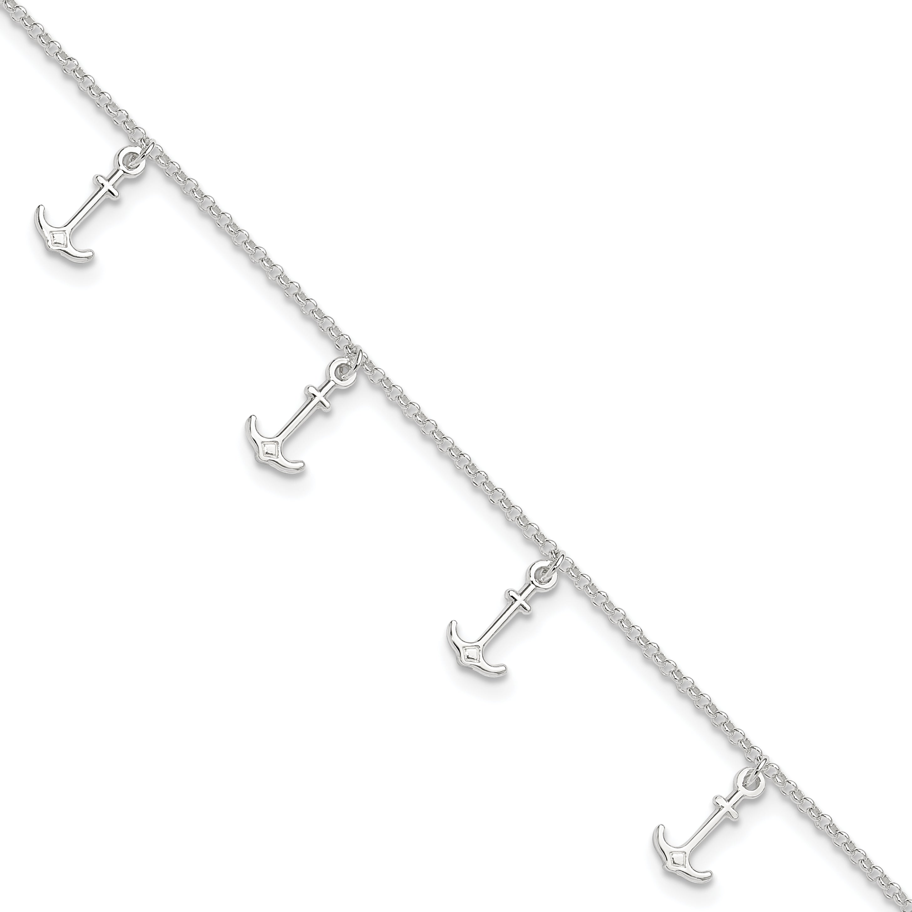 Sterling Silver Polished Anchors 9in Plus 1in Ext. Anklet