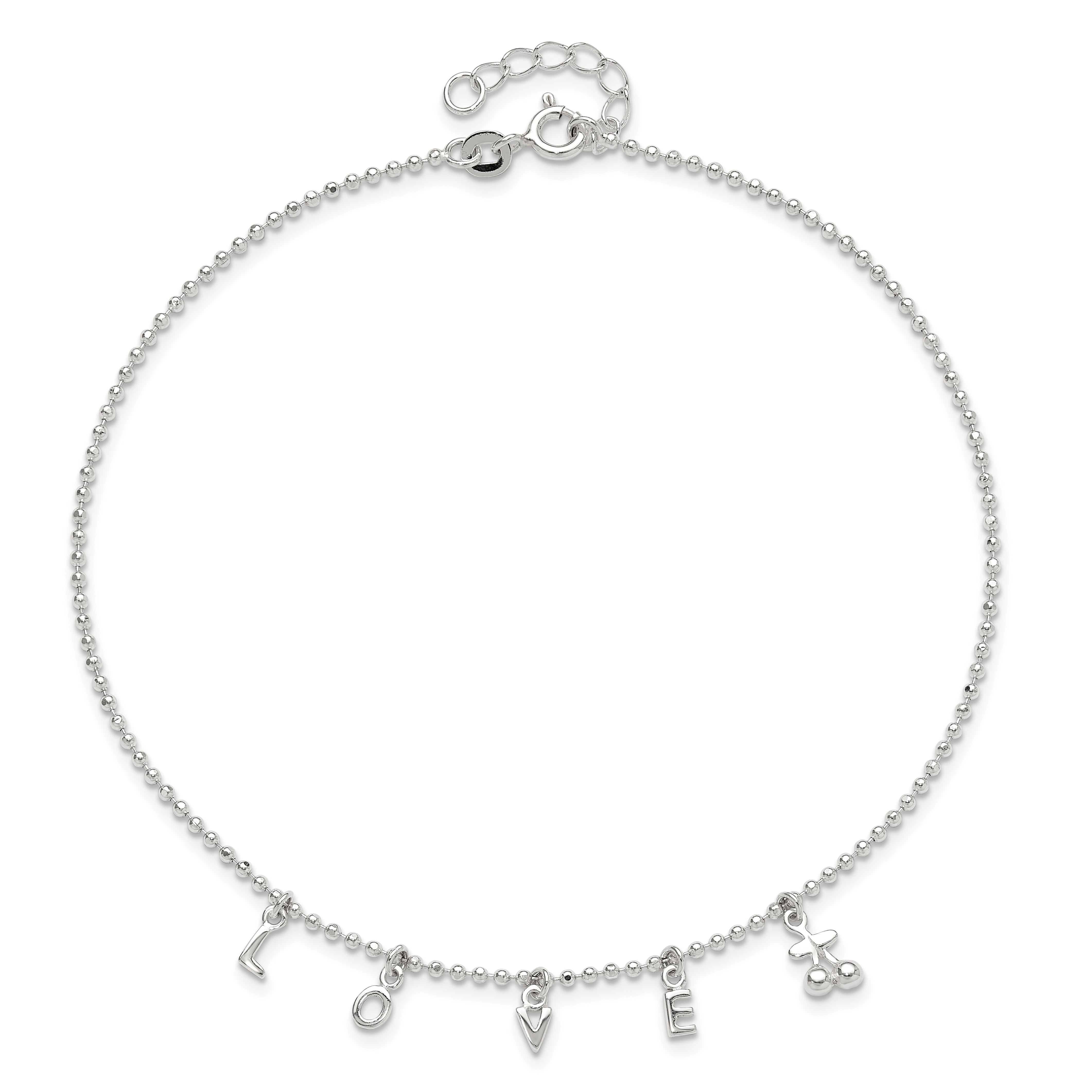 Sterling Silver LOVE 10 in Plus1 in Ext. Anklet