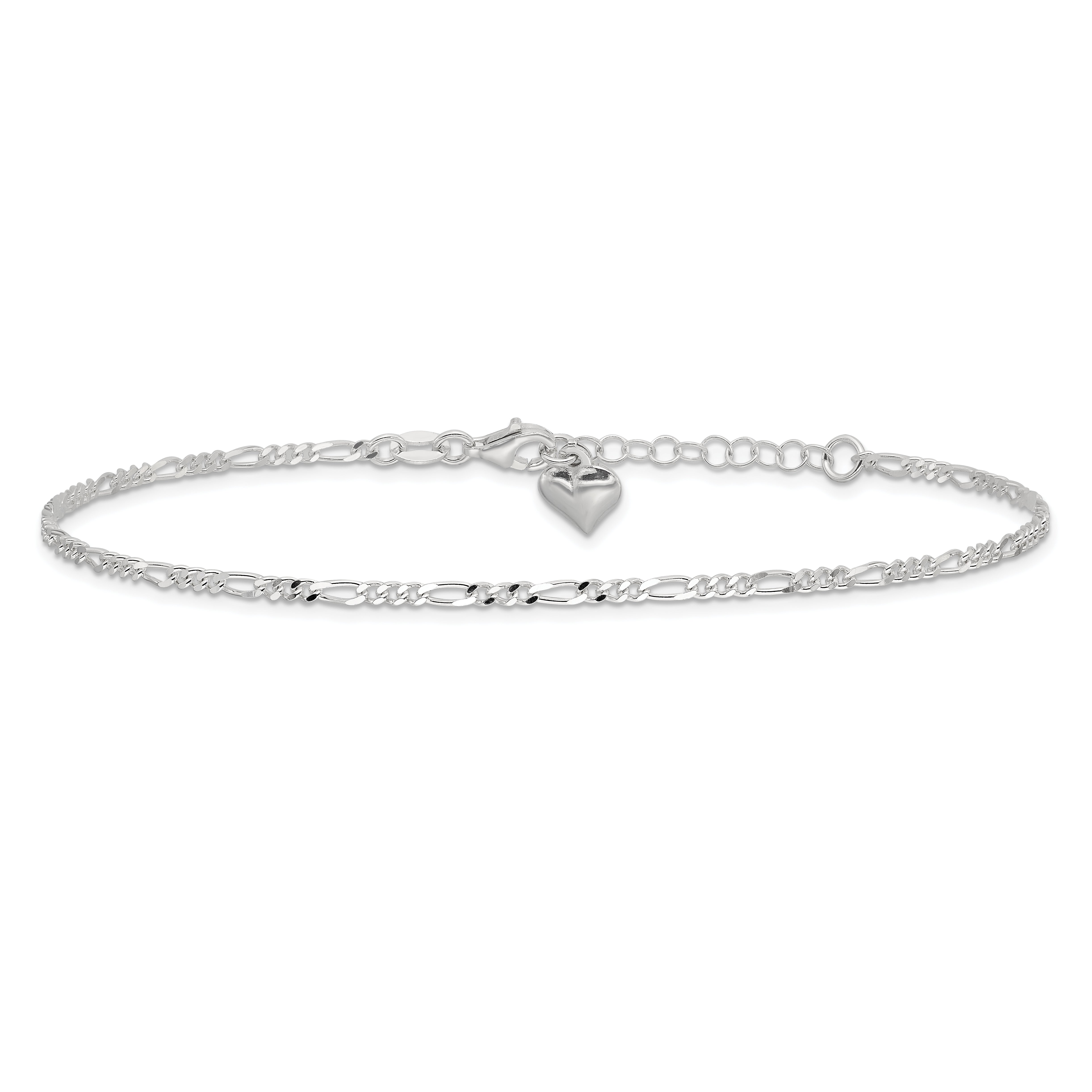 Sterling Silver Polished Heart 9in Plus 1in Ext. Anklet