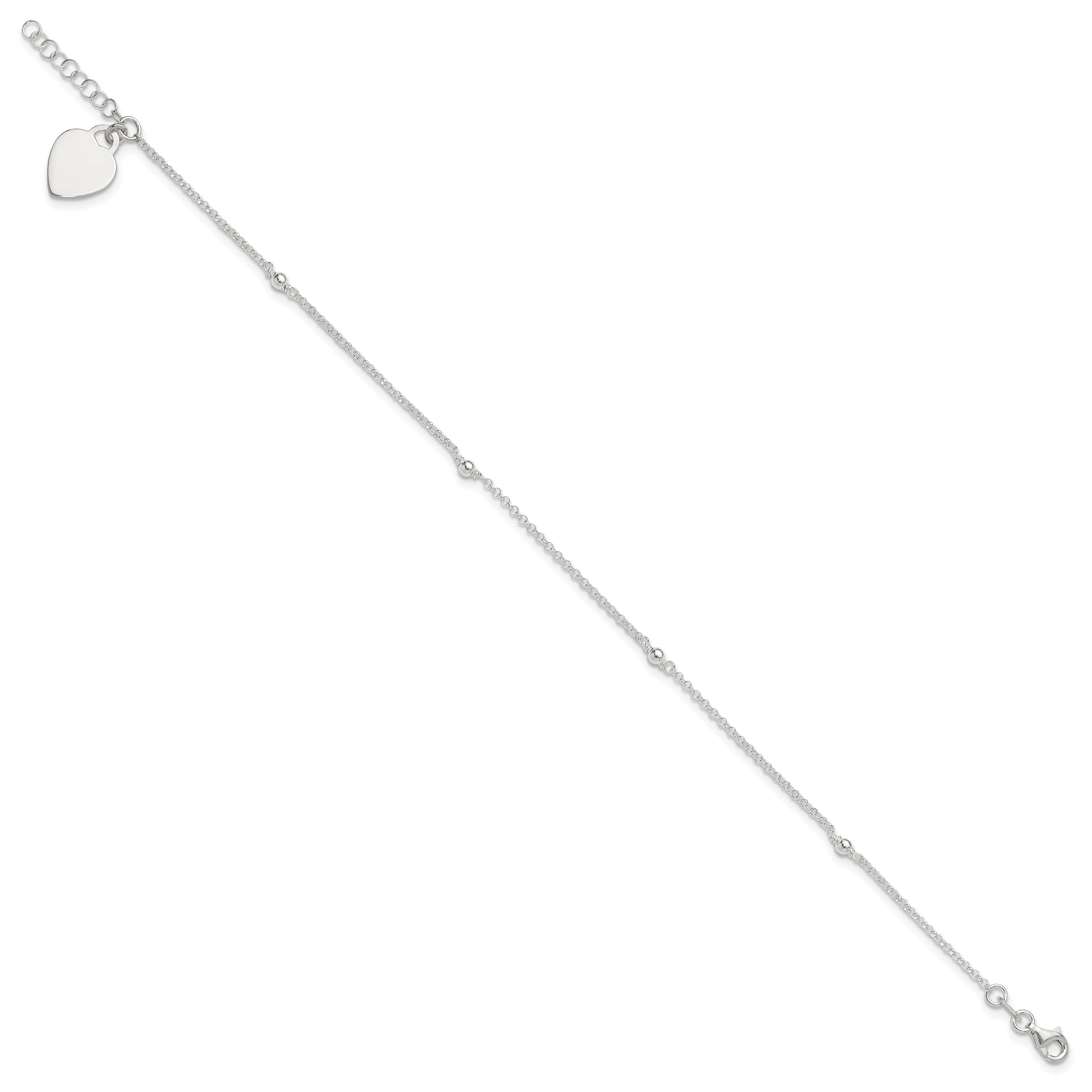 Sterling Silver Polished Bead and Heart 9in Plus 1in Ext. Anklet