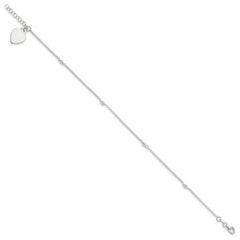 Sterling Silver Polished Bead and Heart 9in Plus 1in Ext. Anklet