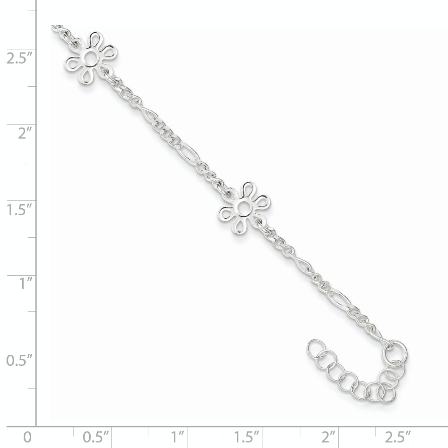 Sterling Silver Polished Flower 9in Plus 1in Ext. Anklet