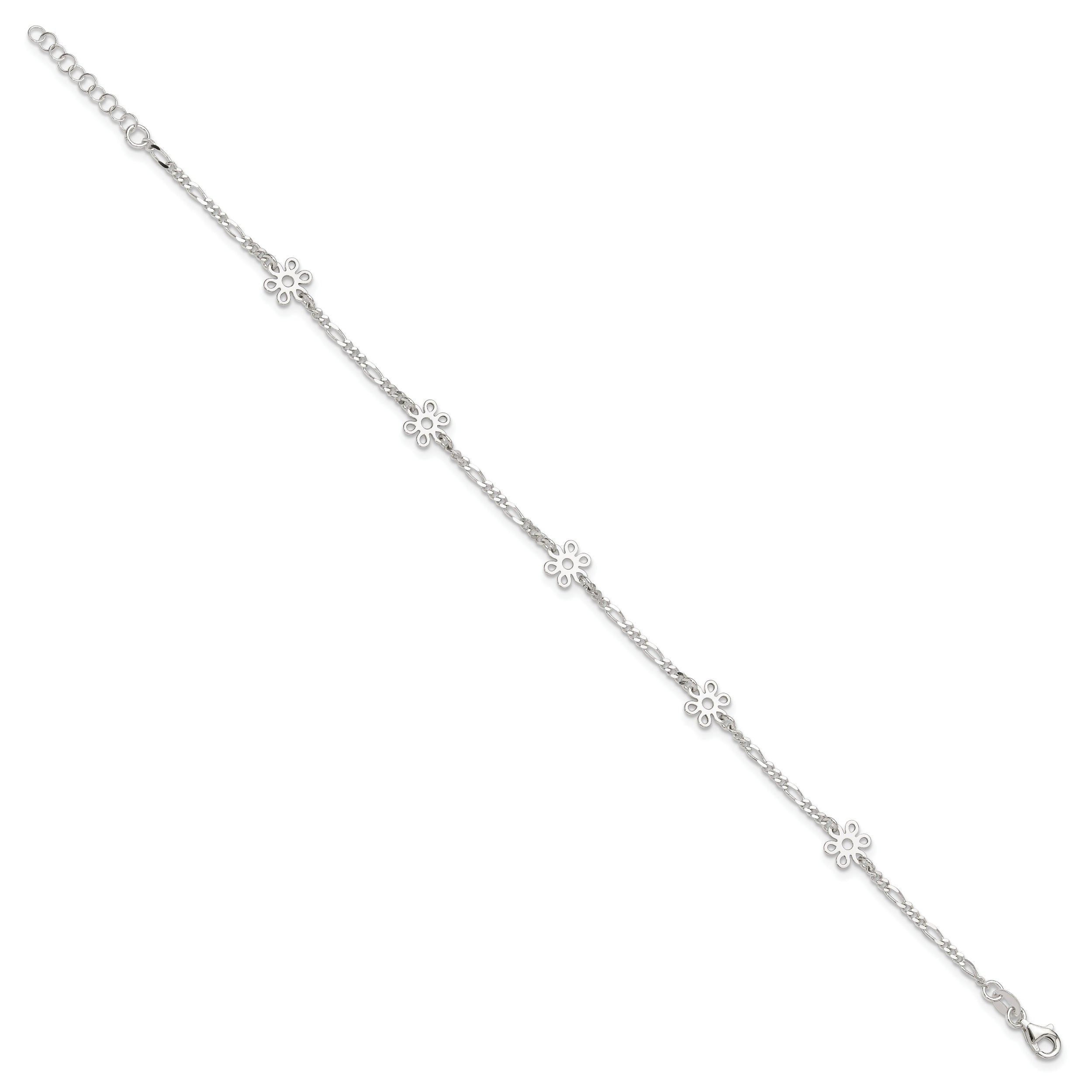 Sterling Silver Polished Flower 9in Plus 1in Ext. Anklet