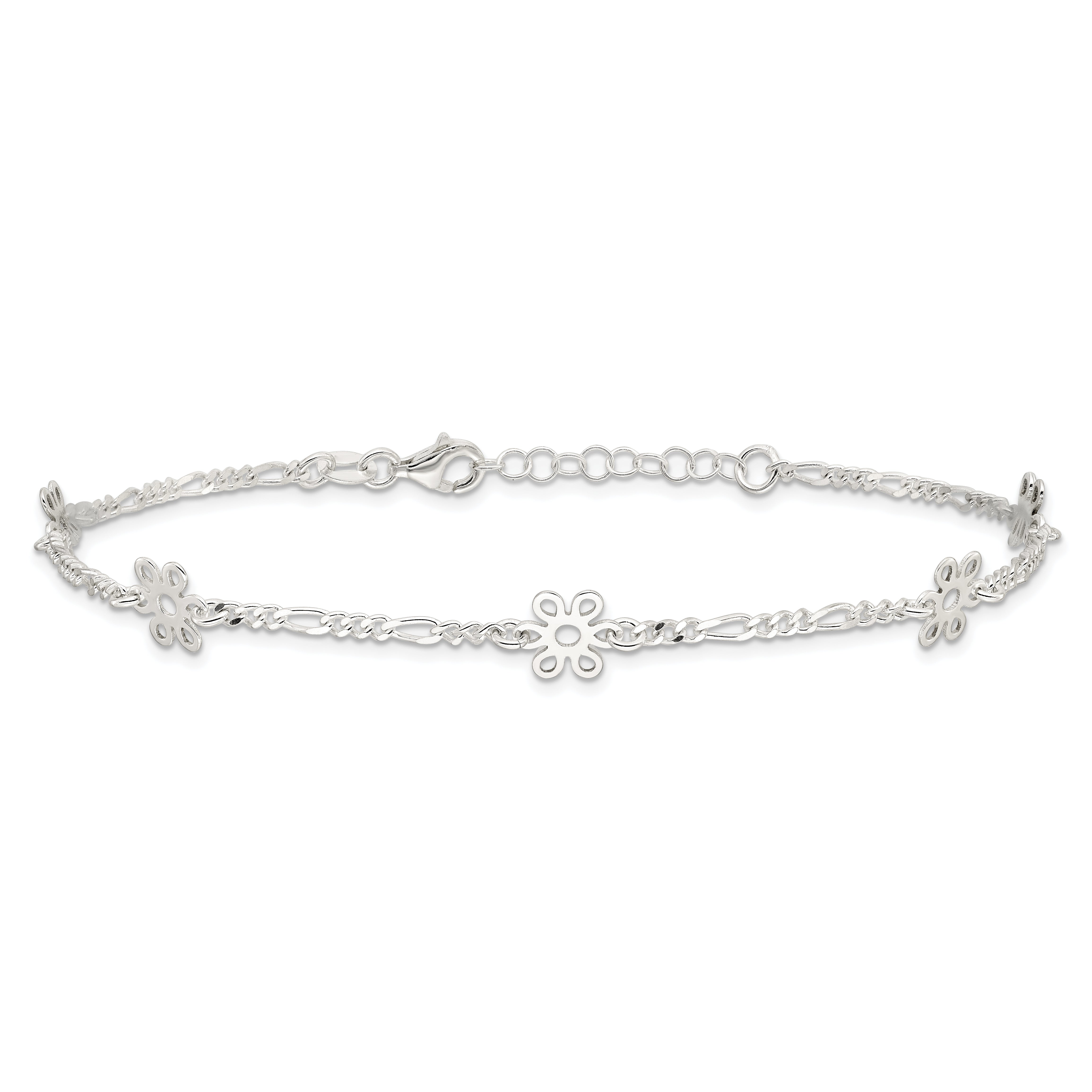 Sterling Silver Polished Flower 9in Plus 1in Ext. Anklet