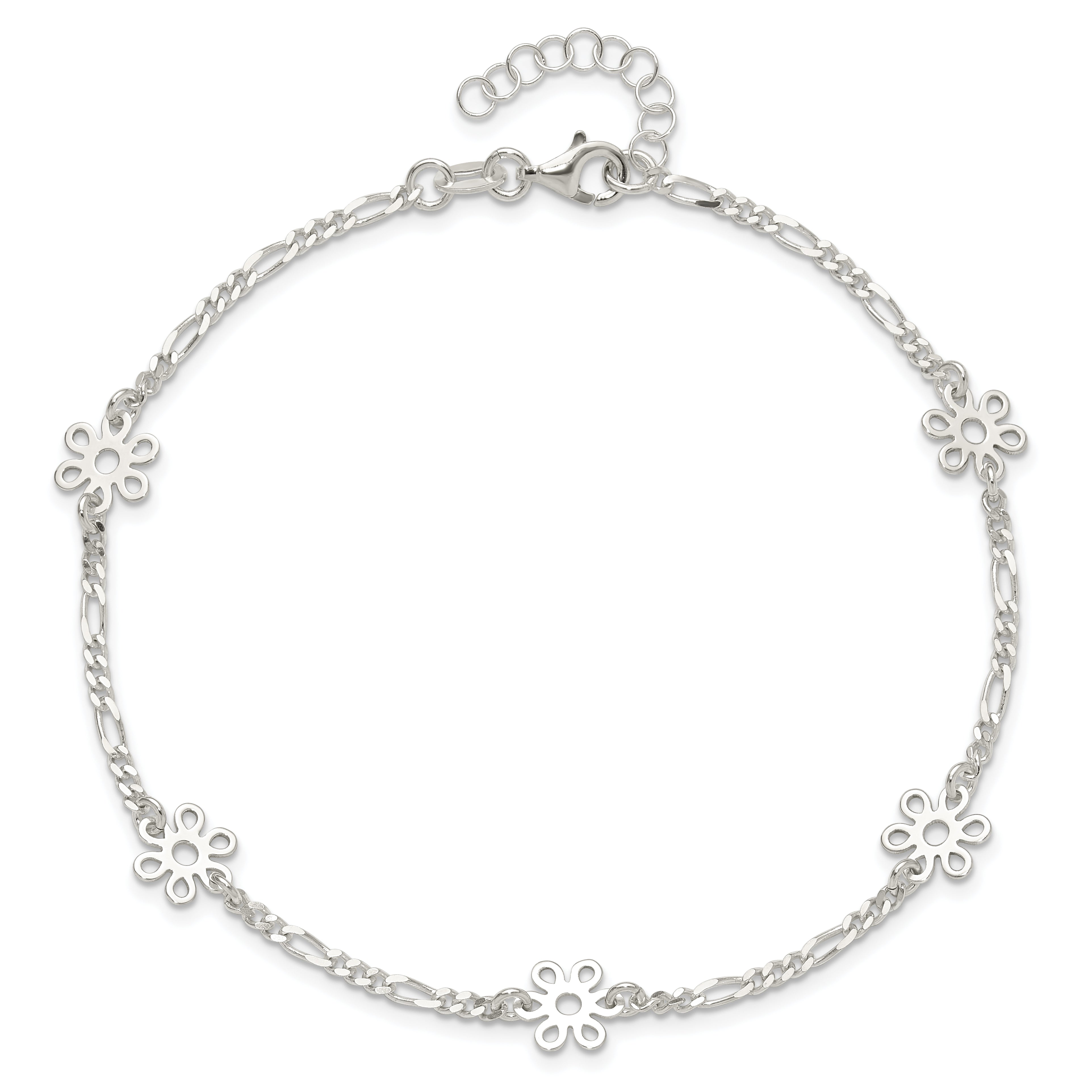 Sterling Silver Polished Flower 9in Plus 1in Ext. Anklet