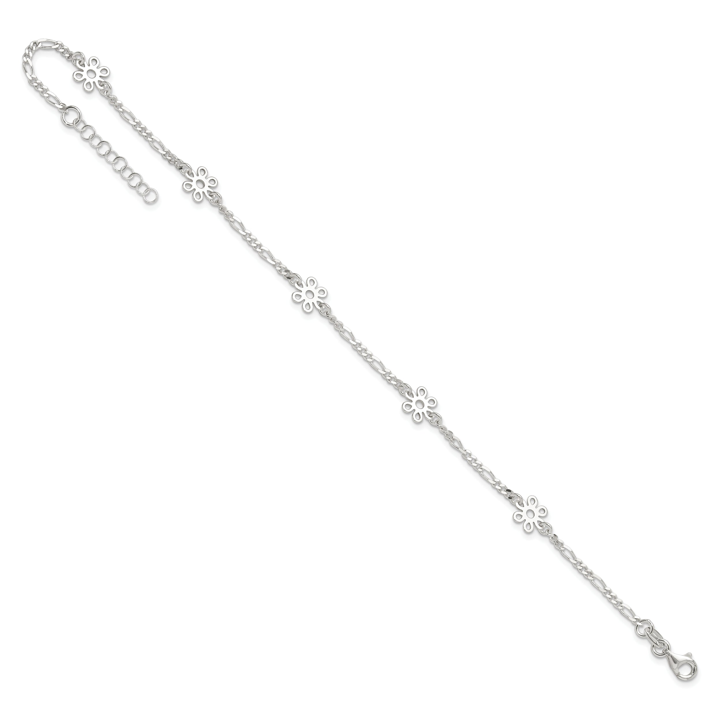 Sterling Silver Polished Flower 9in Plus 1in Ext. Anklet