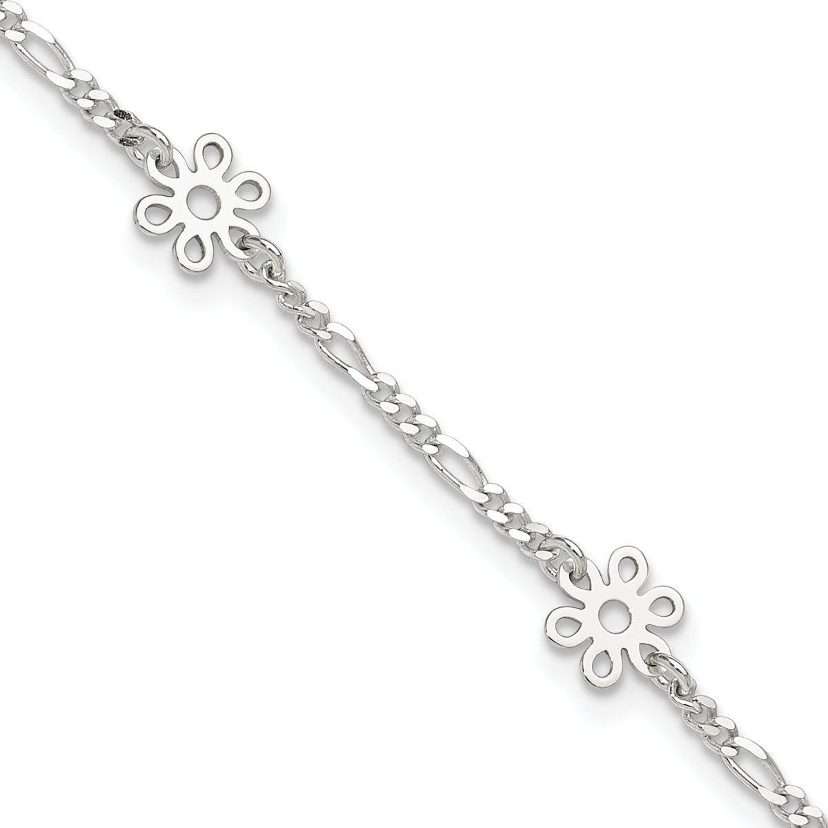 Sterling Silver Polished Flower 9in Plus 1in Ext. Anklet