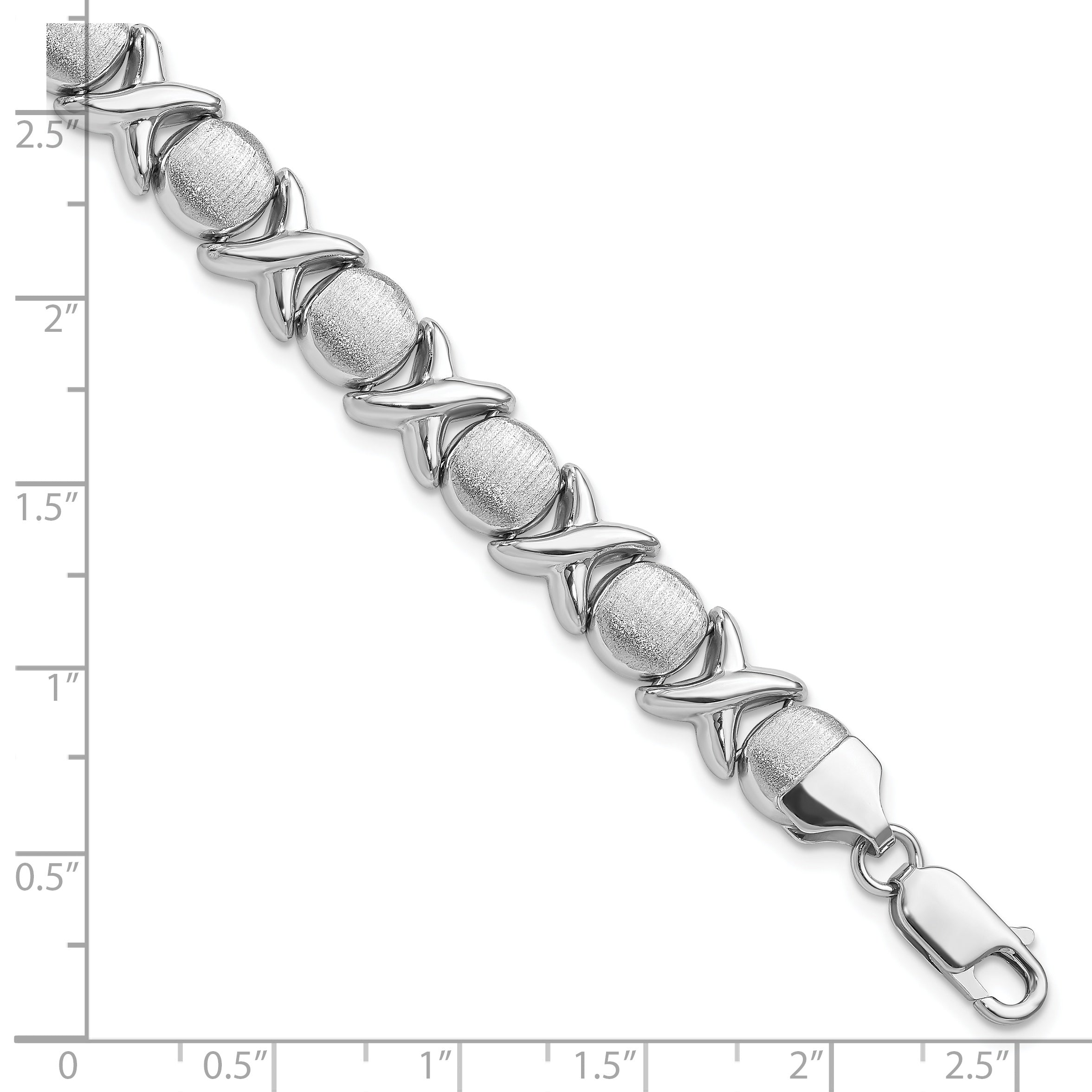 Sterling Silver Rhodium Polished and Brushed X and O Bracelet