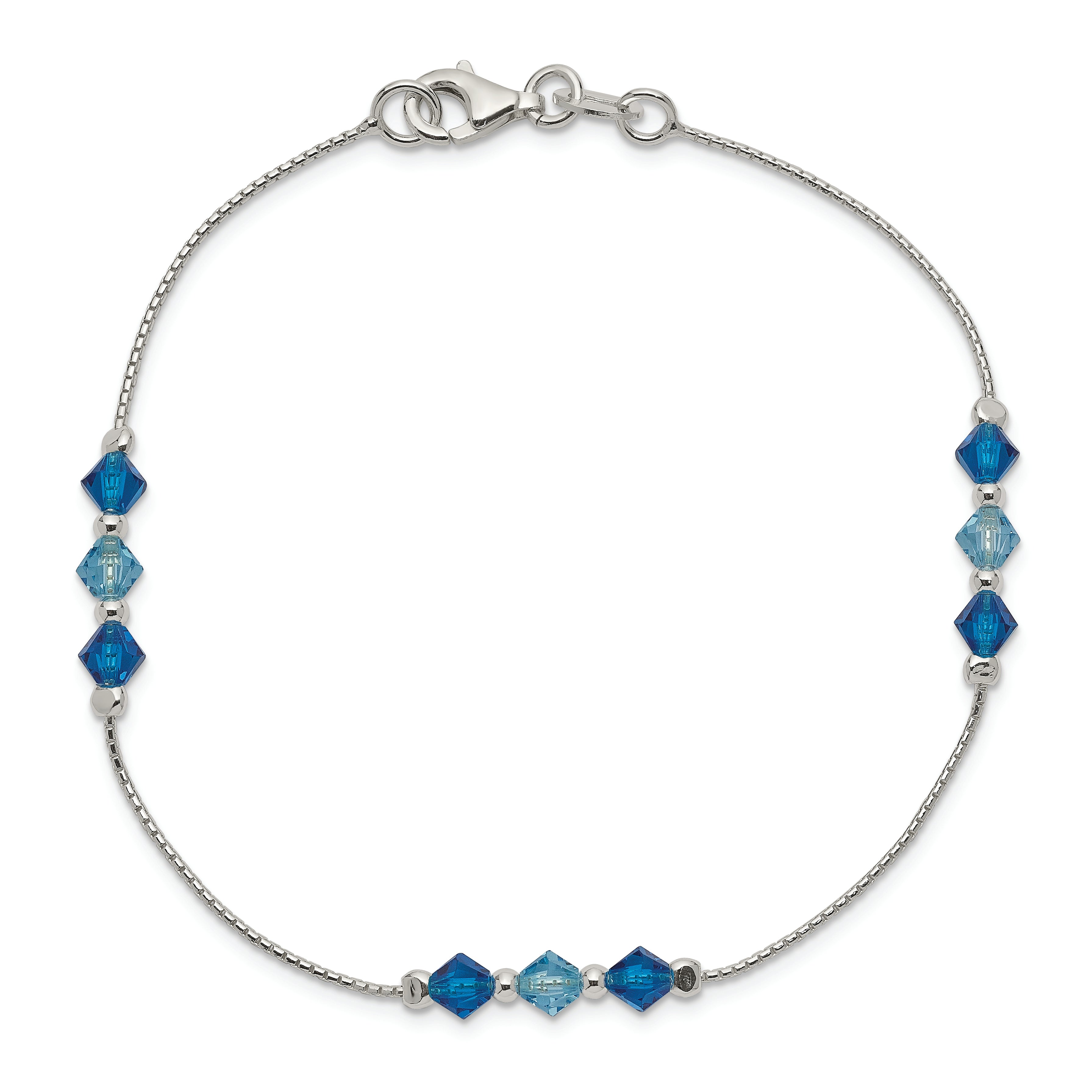 Sterling Silver Polished Aquamarine Capri Blue Glass Bead Bracelet