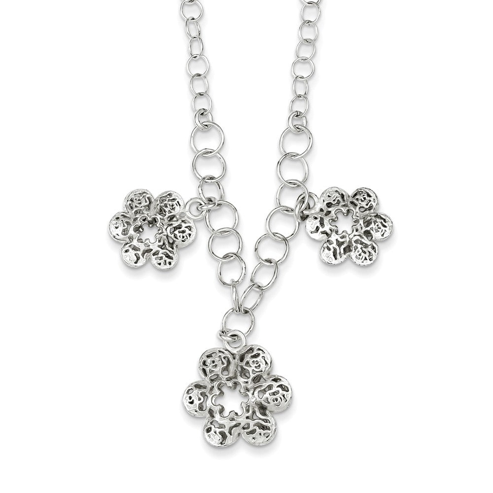 Sterling Silver Polished Filigree Flower Necklace