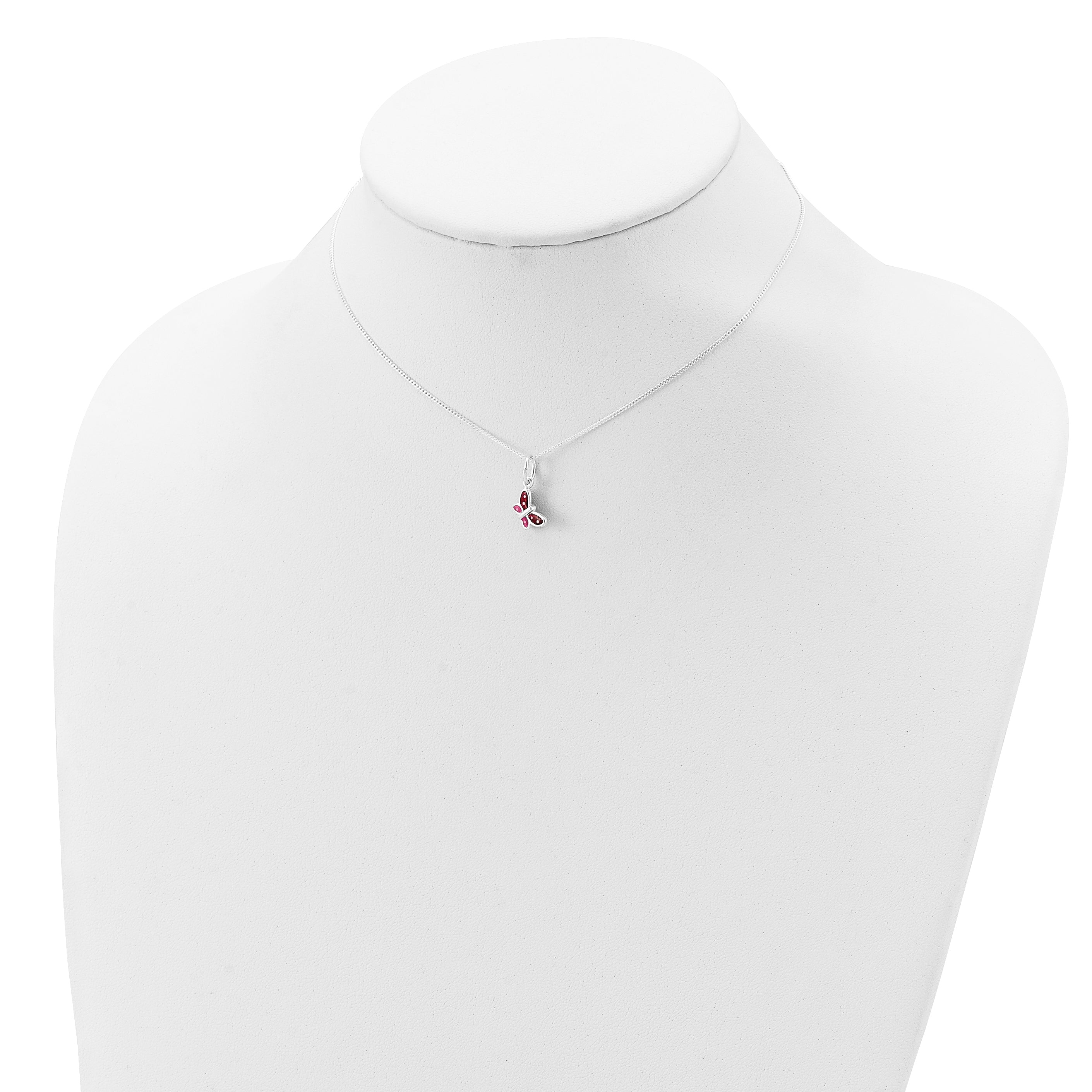 Sterling Silver Polished Pink, Red and White Enameled Butterfly Children's Necklace