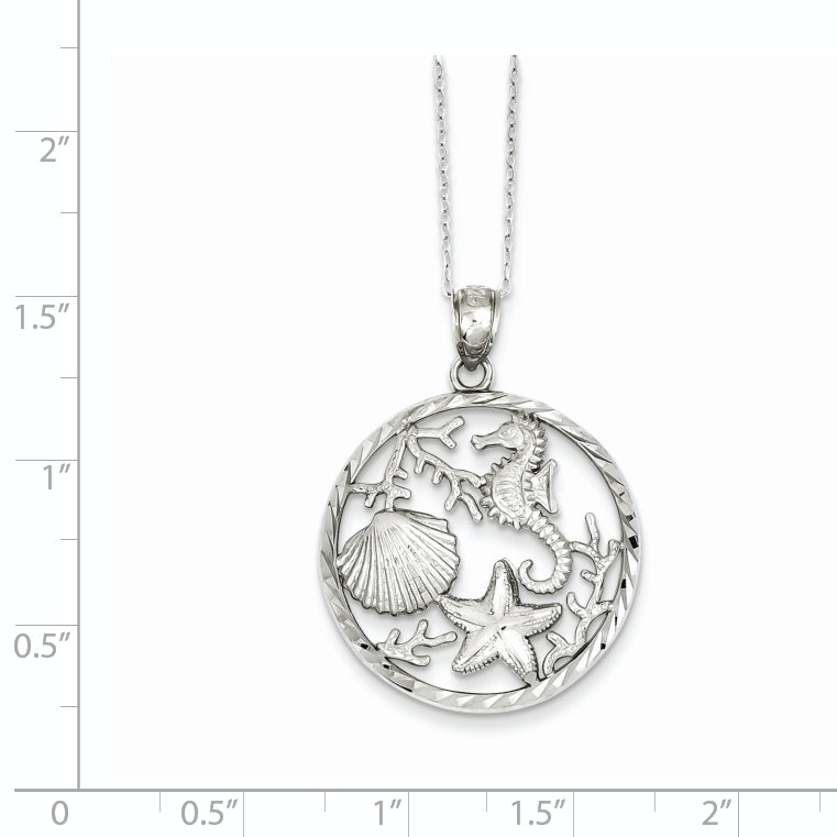 Sterling Silver Rhodium-plated Seahorse, Starfish and Shell Pendant