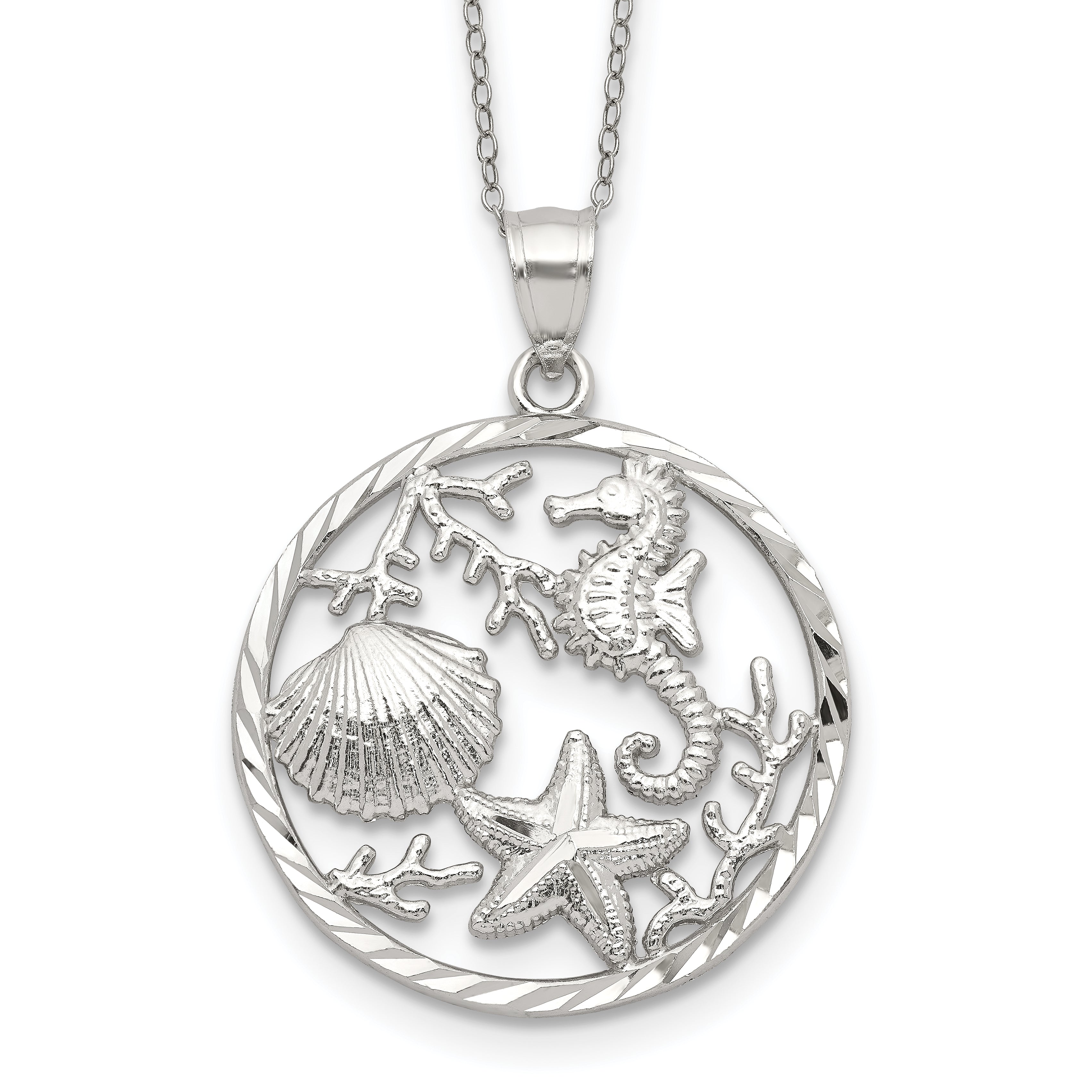 Sterling Silver Rhodium-plated Seahorse, Starfish and Shell Pendant