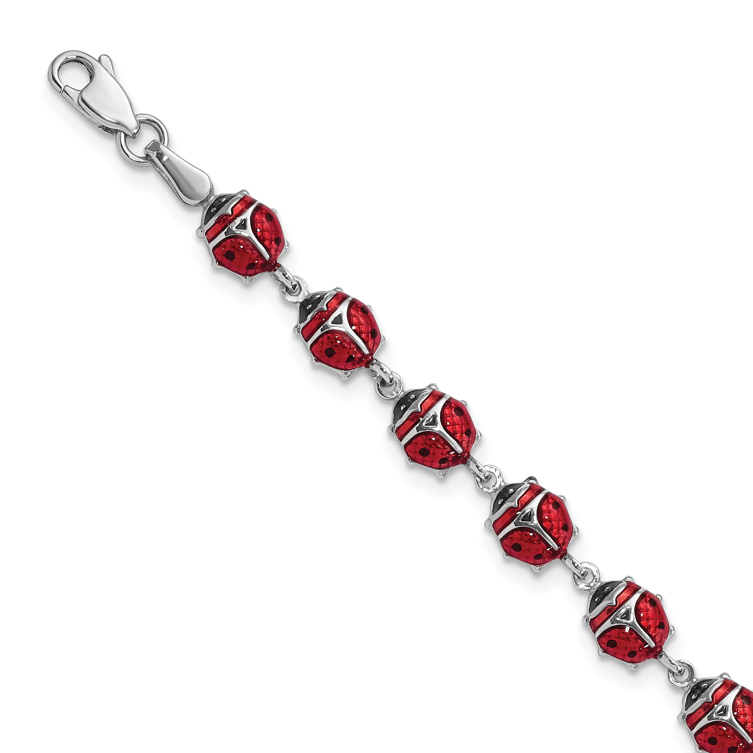 Sterling Silver Rhodium Polished Enameled Lady Bug Bracelet