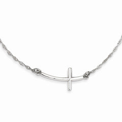 Sterling Silver Rhodium-plated Large Sideways Curved Cross Necklace