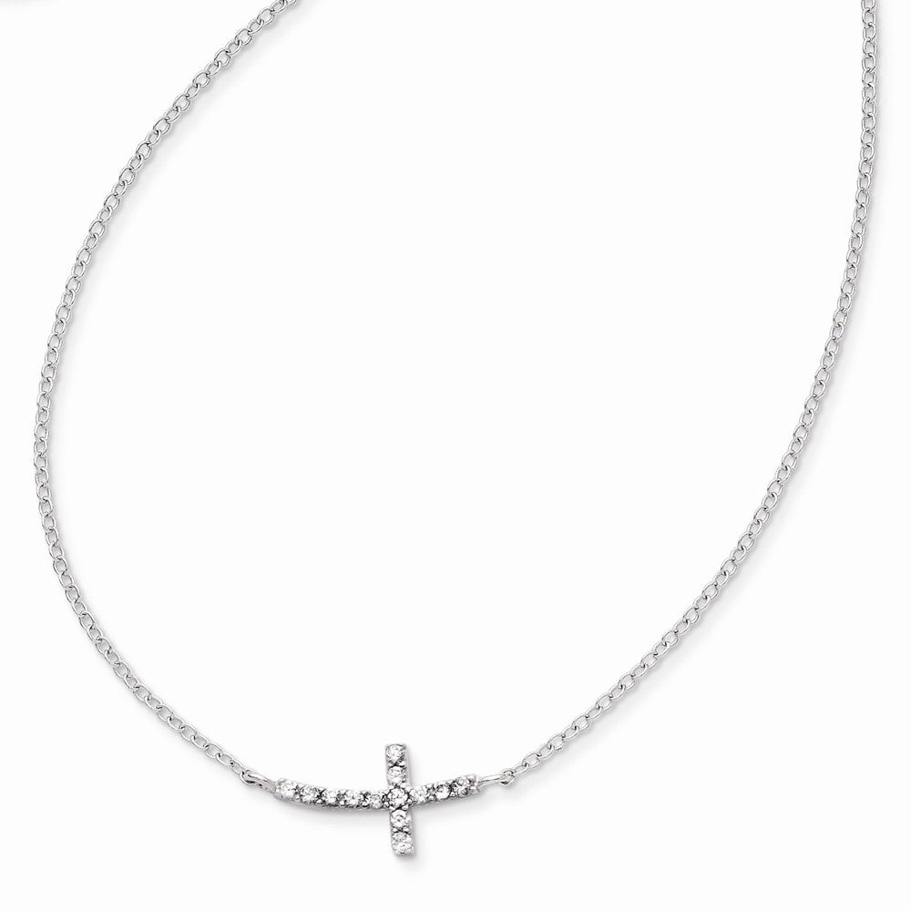 Sterling Silver with CZ Offset Sideways Cross w/ 2 IN EXT Necklace