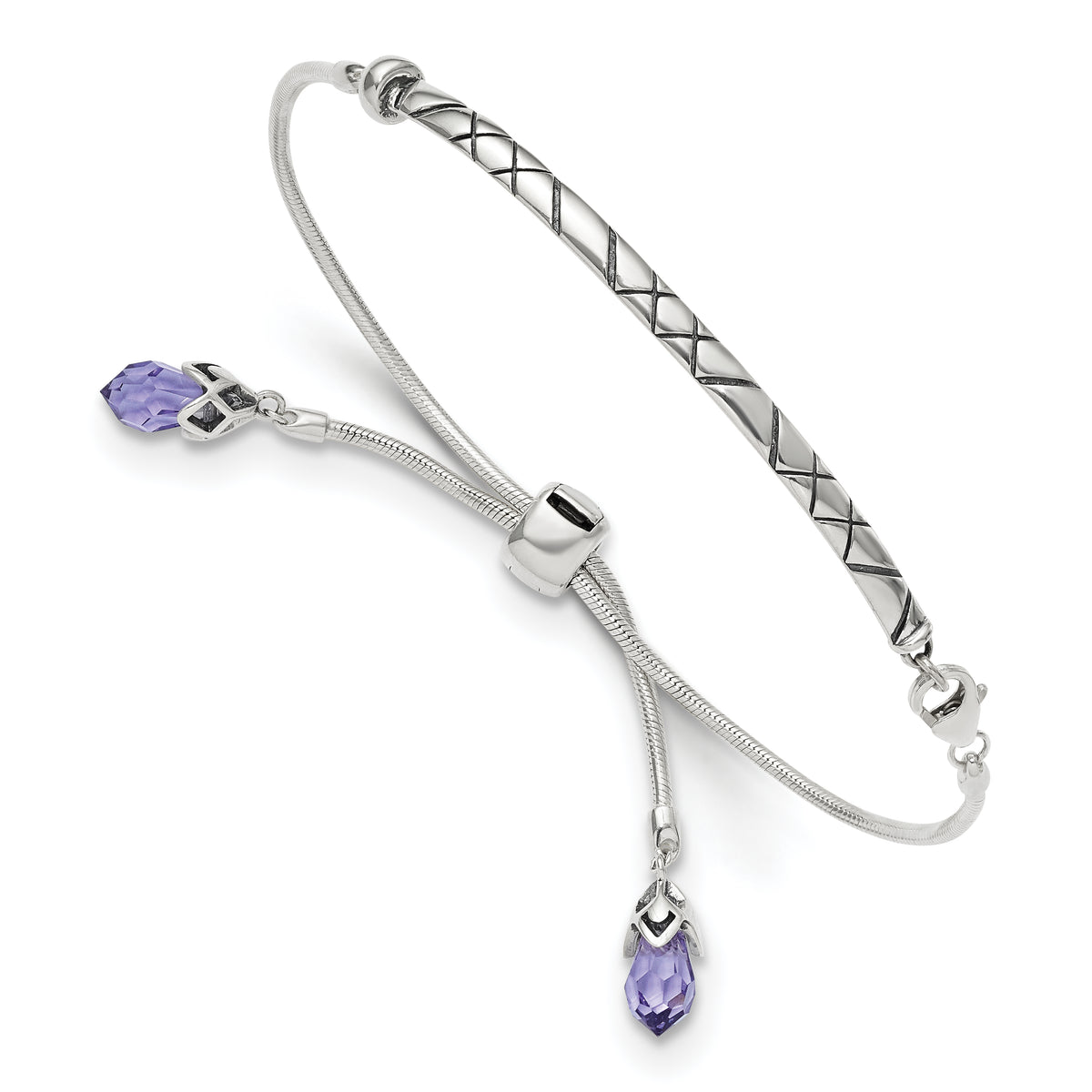 Sterling Silver Antiqued Reflections Purple Crystal Adj. Bracelet