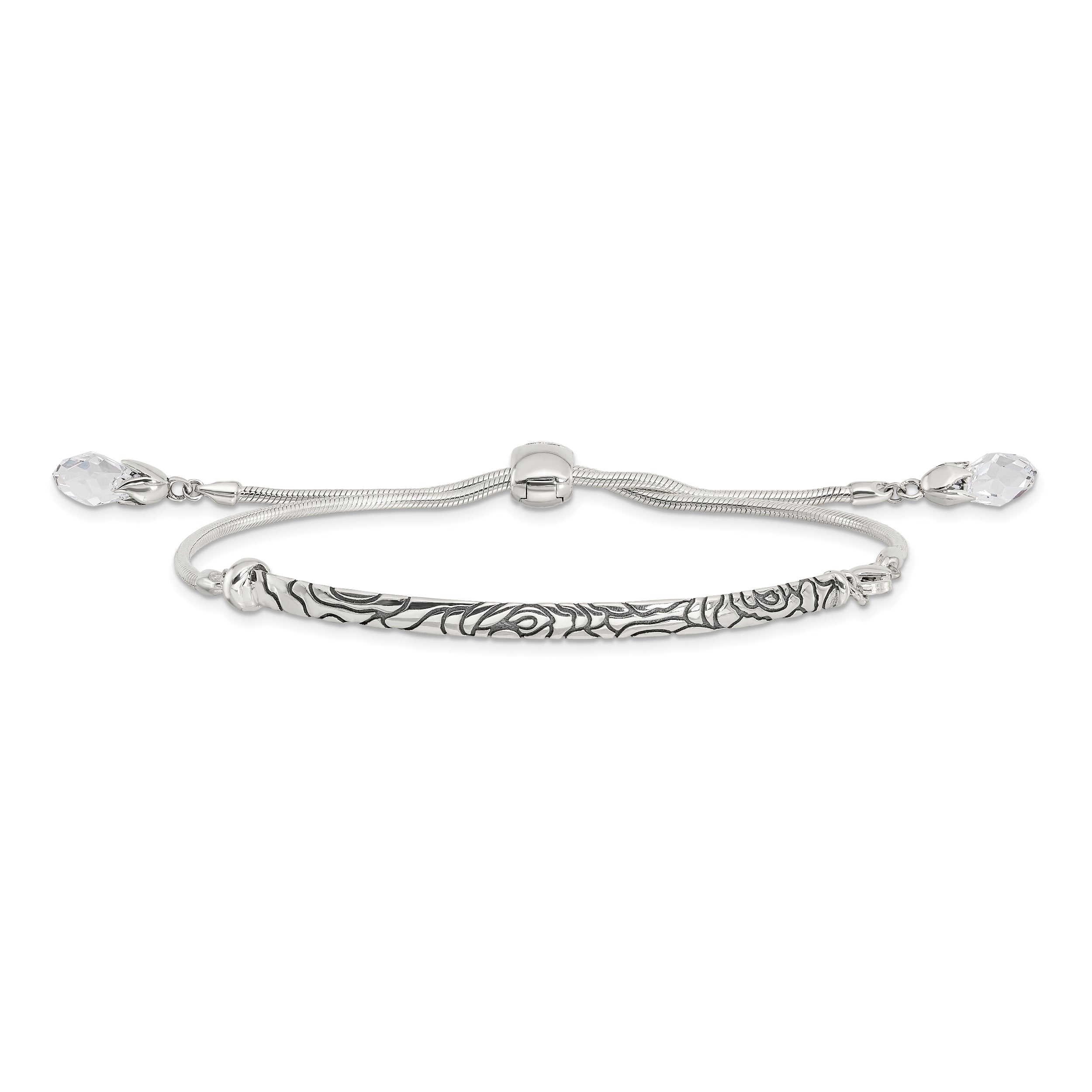 Sterling Silver Antiqued Reflections Clear Crystal Adjustable Bracelet