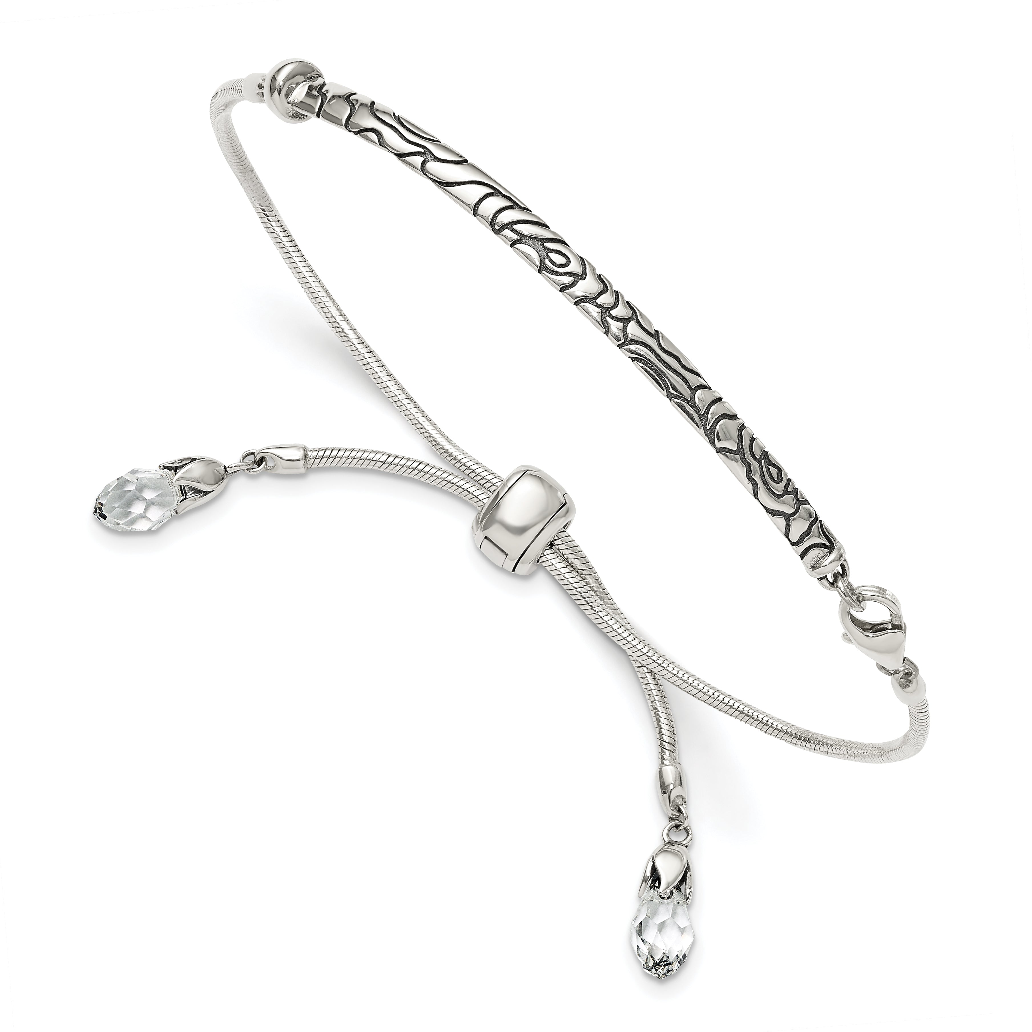 Sterling Silver Antiqued Reflections Clear Crystal Adjustable Bracelet