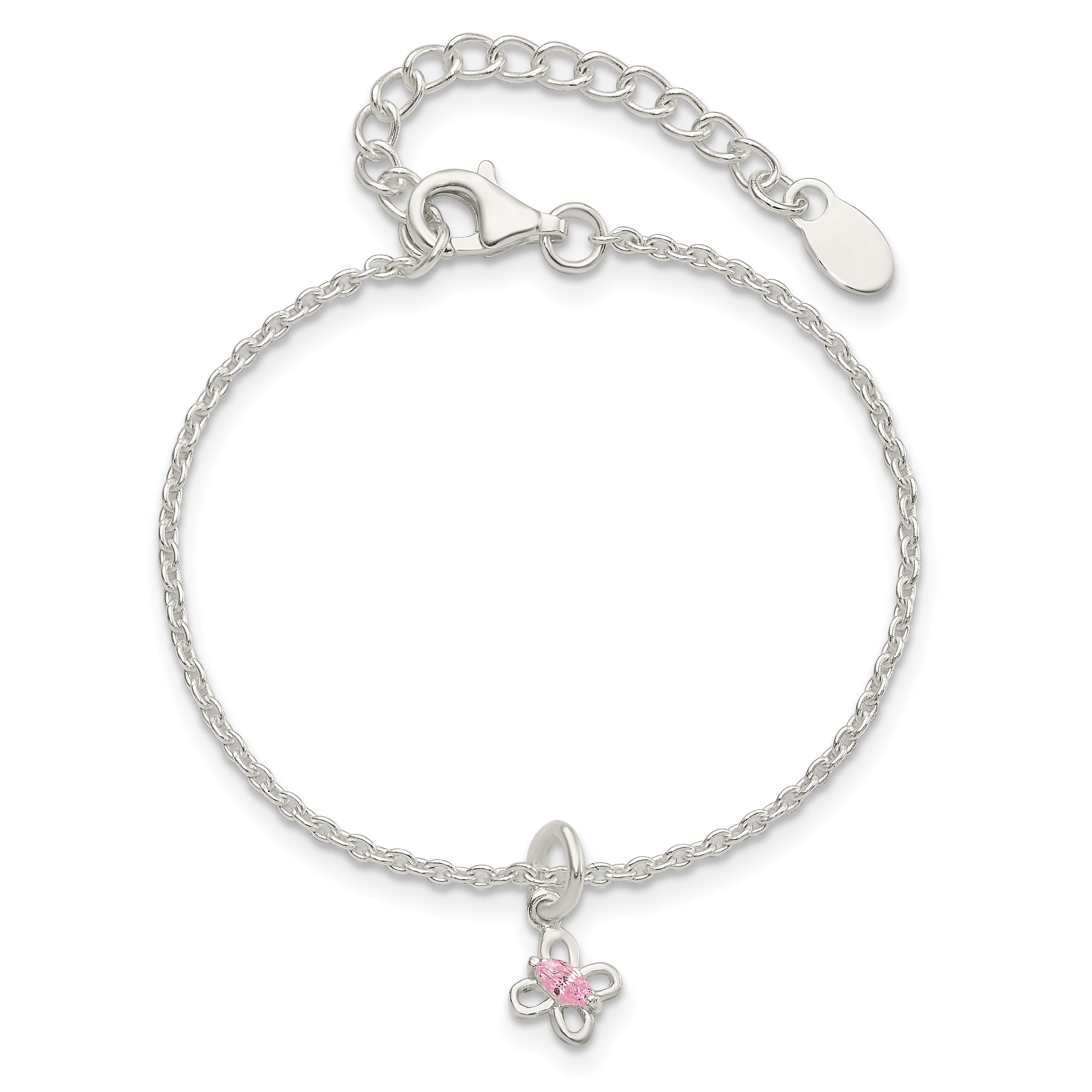 Sterling Silver Polished Pink CZ Butterfly w/ 1.5in Ext. Children's Bracele