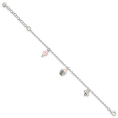 Sterling Silver Polished Pink & White Enameled Lollipop, Cupcake & Heart with 1.5 Inch Extension Children's Bracelet