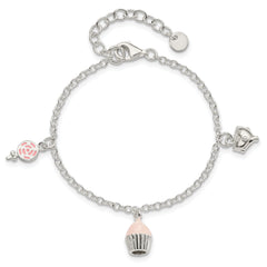 Sterling Silver Polished Pink & White Enameled Lollipop, Cupcake & Heart with 1.5 Inch Extension Children's Bracelet