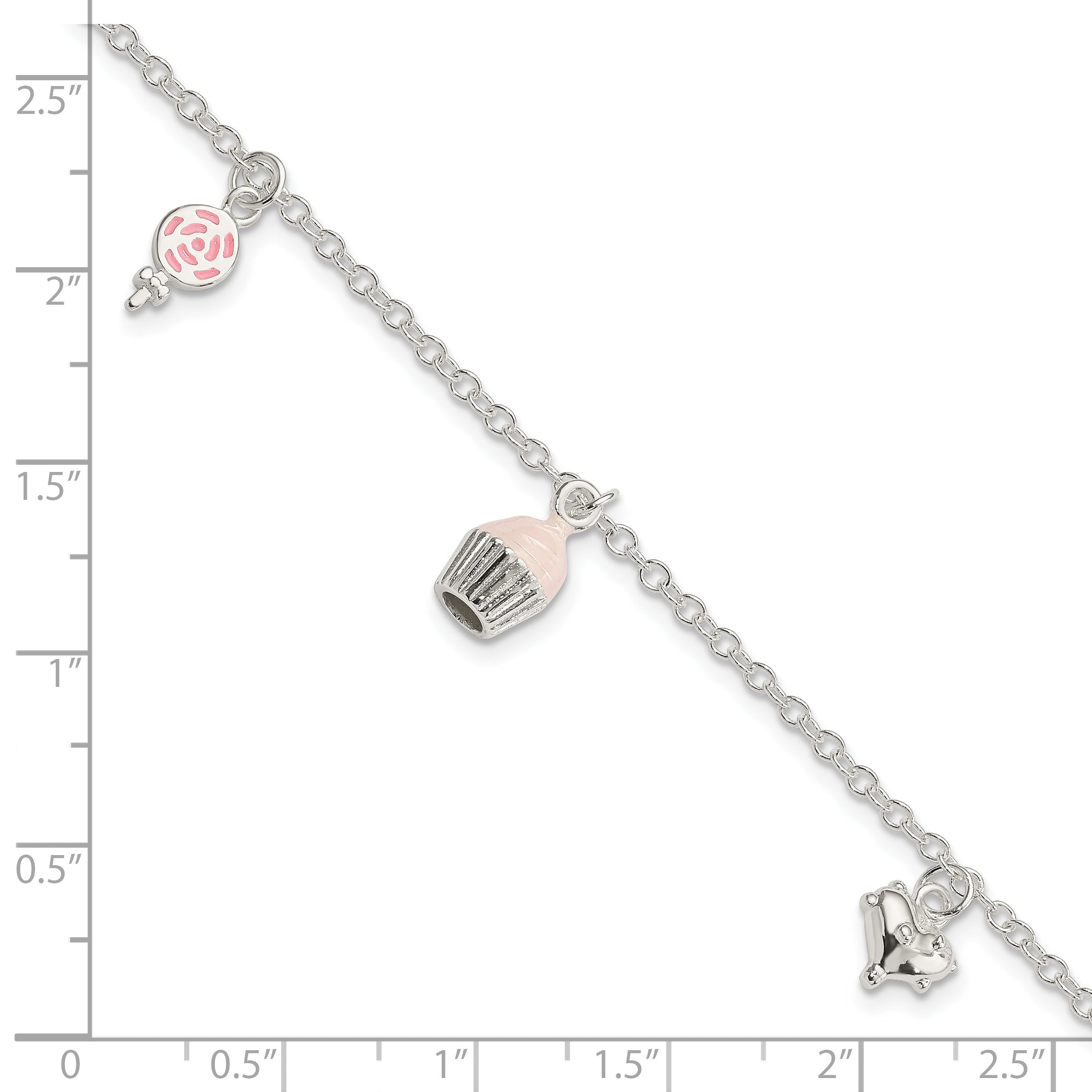 Sterling Silver Polished Pink & White Enameled Lollipop, Cupcake & Heart with 1.5 Inch Extension Children's Bracelet