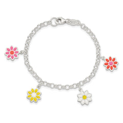 Sterling Silver Polished Multi-color Enamel Flowers Children's Bracelet