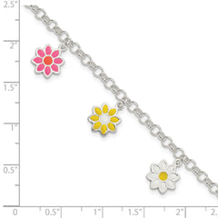 Sterling Silver Polished Multi-color Enamel Flowers Children's Bracelet