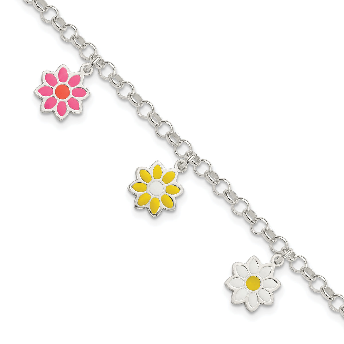 Sterling Silver Polished Multi-color Enamel Flowers Children's Bracelet