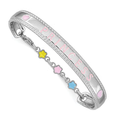 Sterling Silver Rhodium-plated Polished & Beaded Multi-color Enameled Flowers & Hearts PRINCESS with Chain Baby Bangle