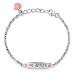 Sterling Silver Rhodium-plated Polished & Pink Enameled PRINCESS with 1 Inch Extension Children's Bracelet