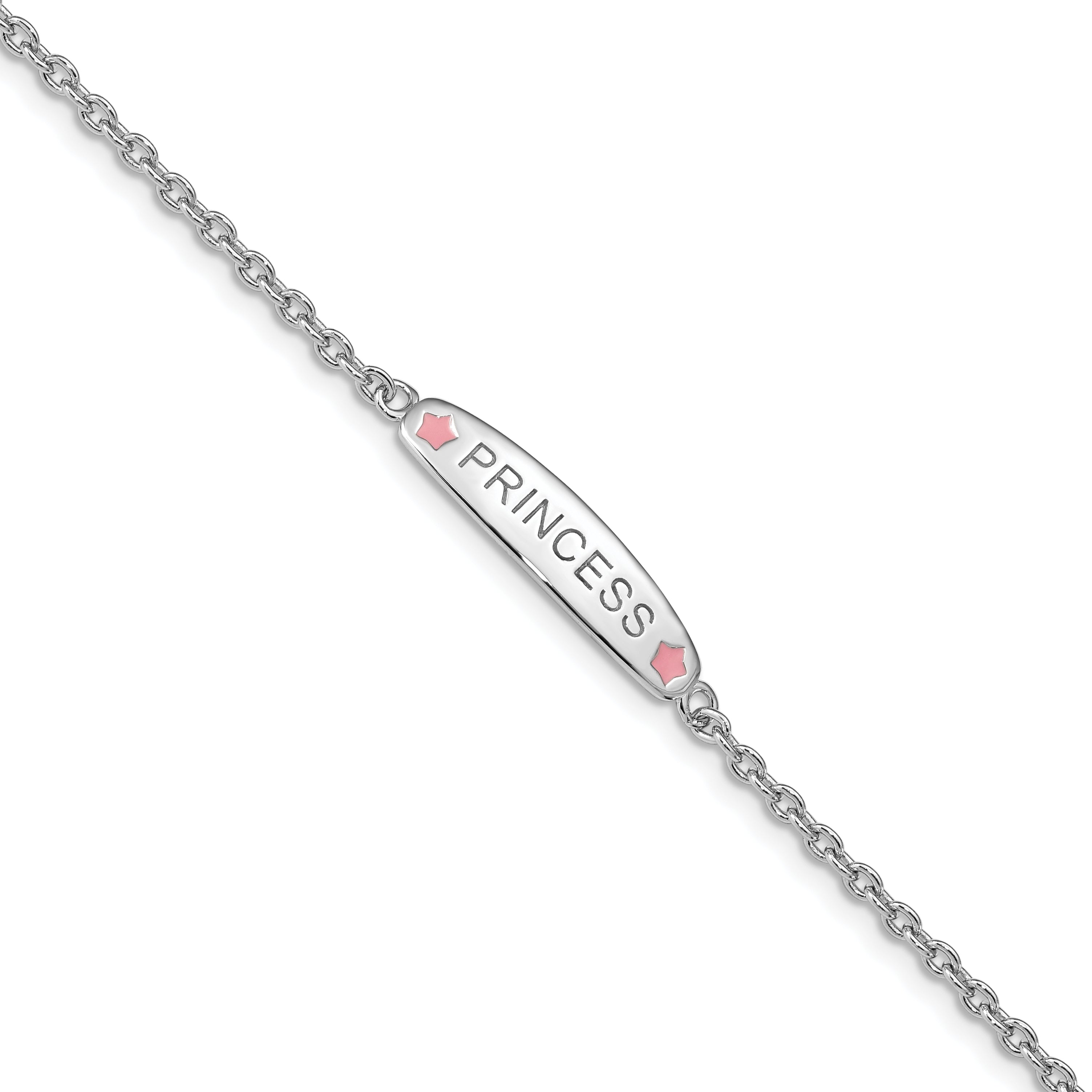 Sterling Silver Rhodium-plated Polished & Pink Enameled PRINCESS with 1 Inch Extension Children's Bracelet