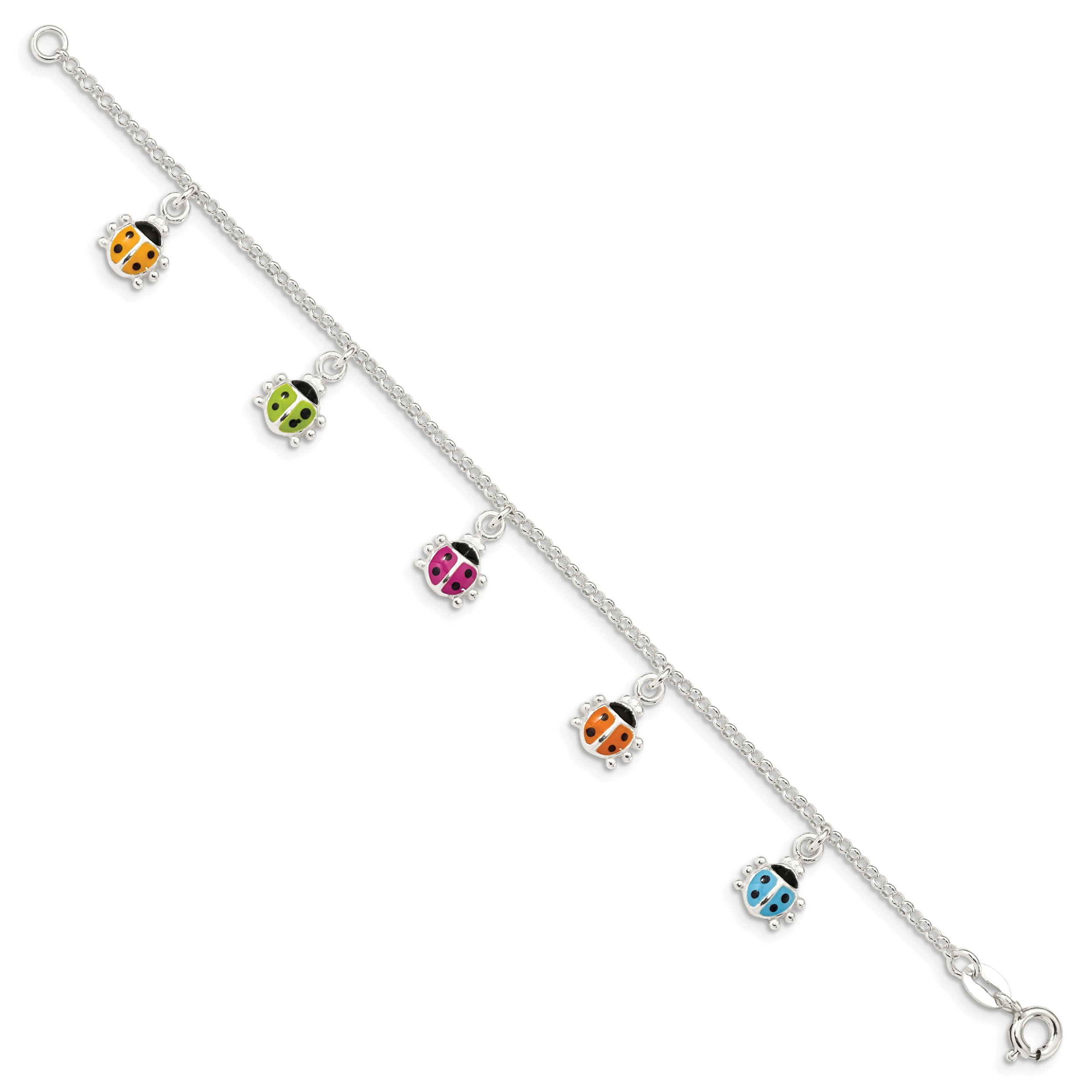 Sterling Silver Polished Multi-color Enameled Ladybugs Children's Bracelet