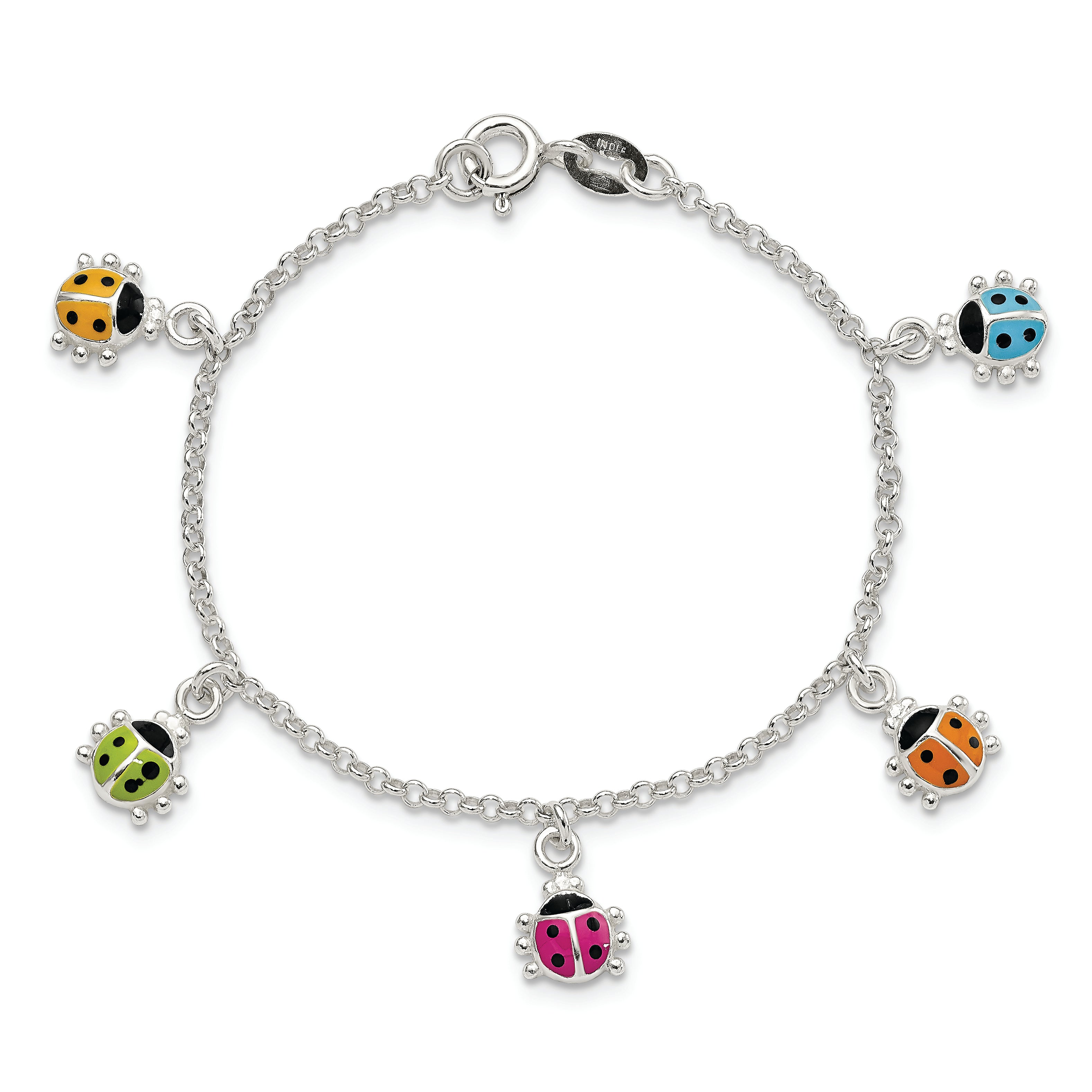 Sterling Silver Polished Multi-color Enameled Ladybugs Children's Bracelet