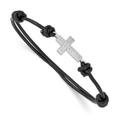 Sterling Silver Rhodium-plated CZ Cross Black Leather Adjustable Bracelet