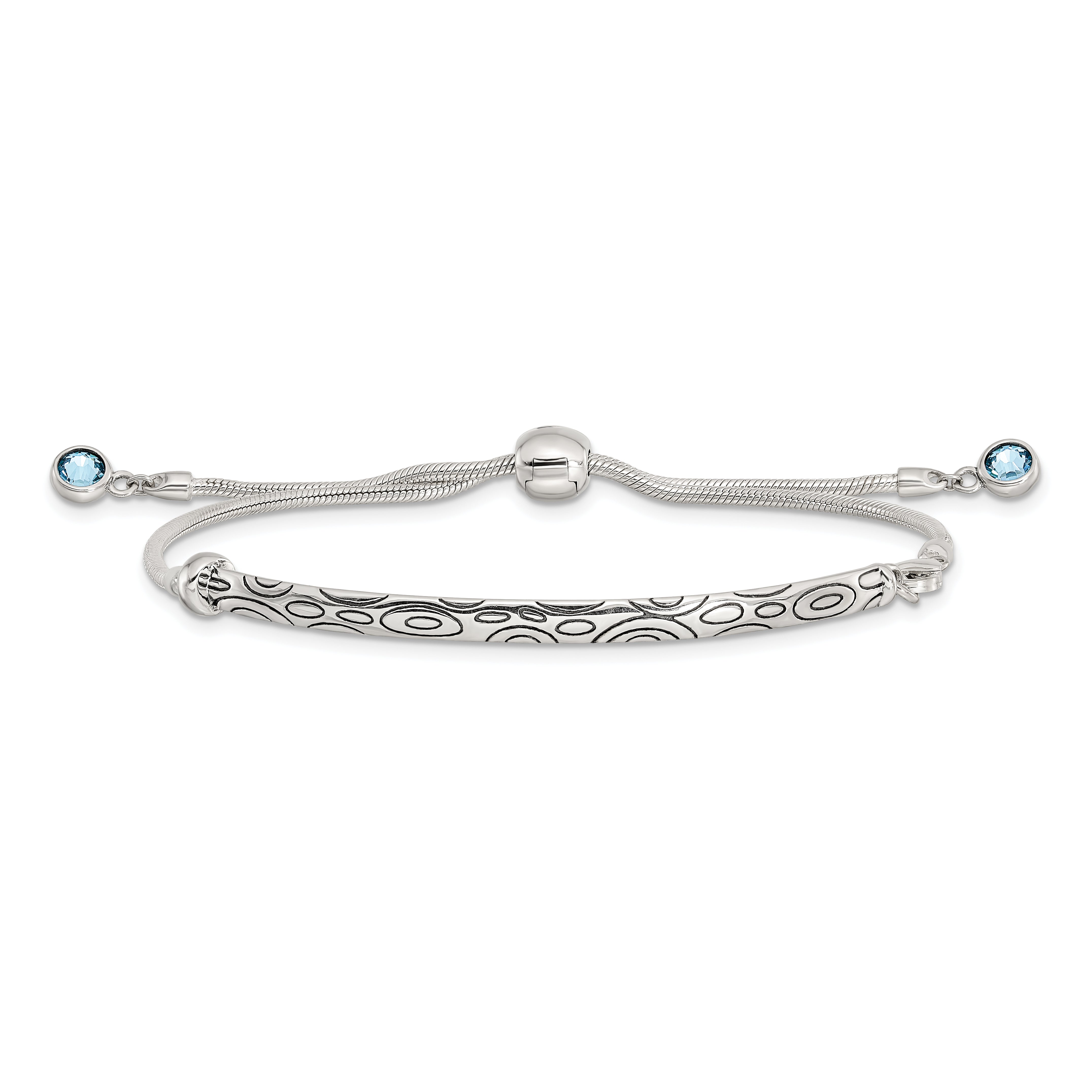 Sterling Silver Antiqued Blue Crystal Round Bezel Adjustable Bracelet