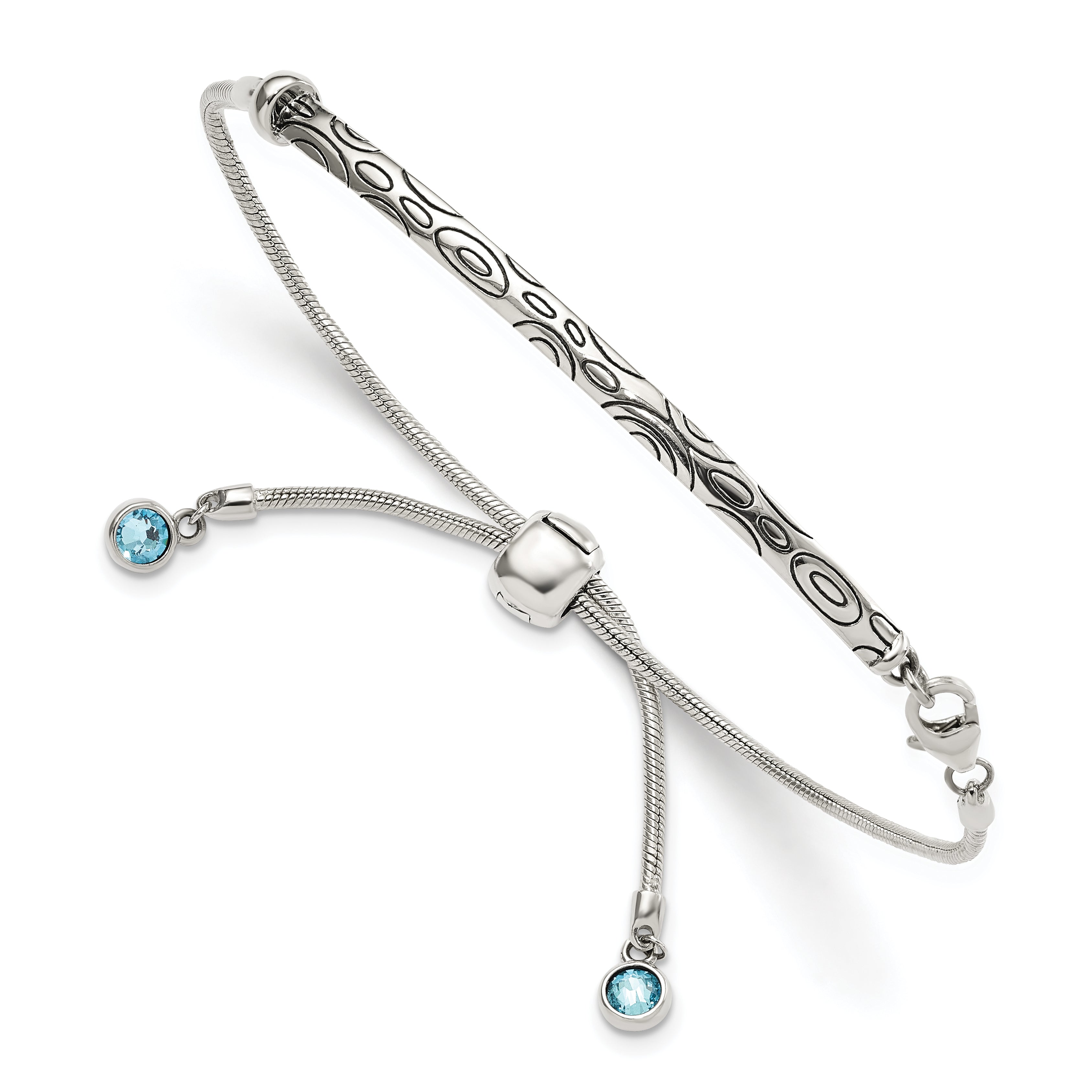 Sterling Silver Antiqued Blue Crystal Round Bezel Adjustable Bracelet