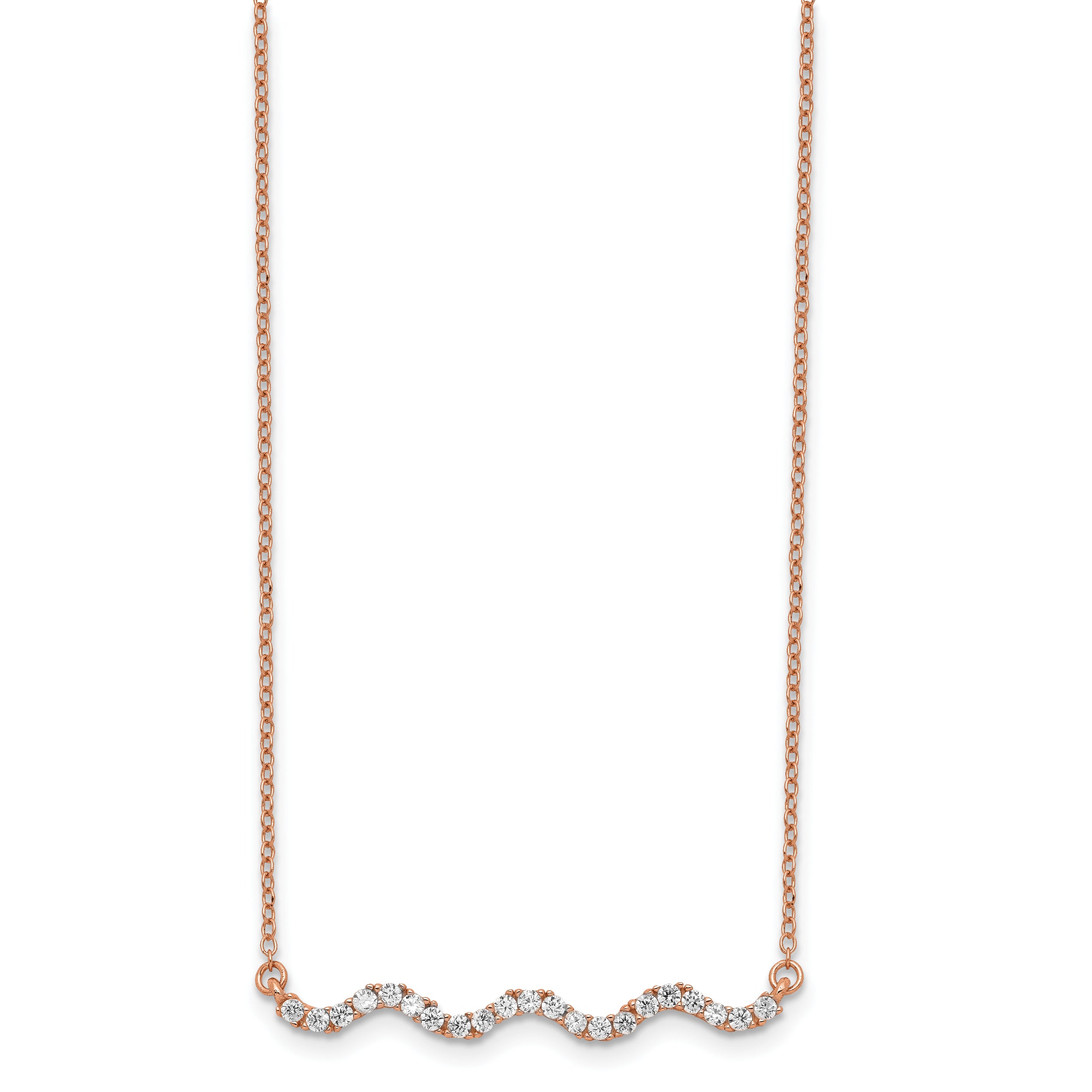 Sterling Silver Rose Gold-plated CZ w/2in ext. Wavy Bar Necklace