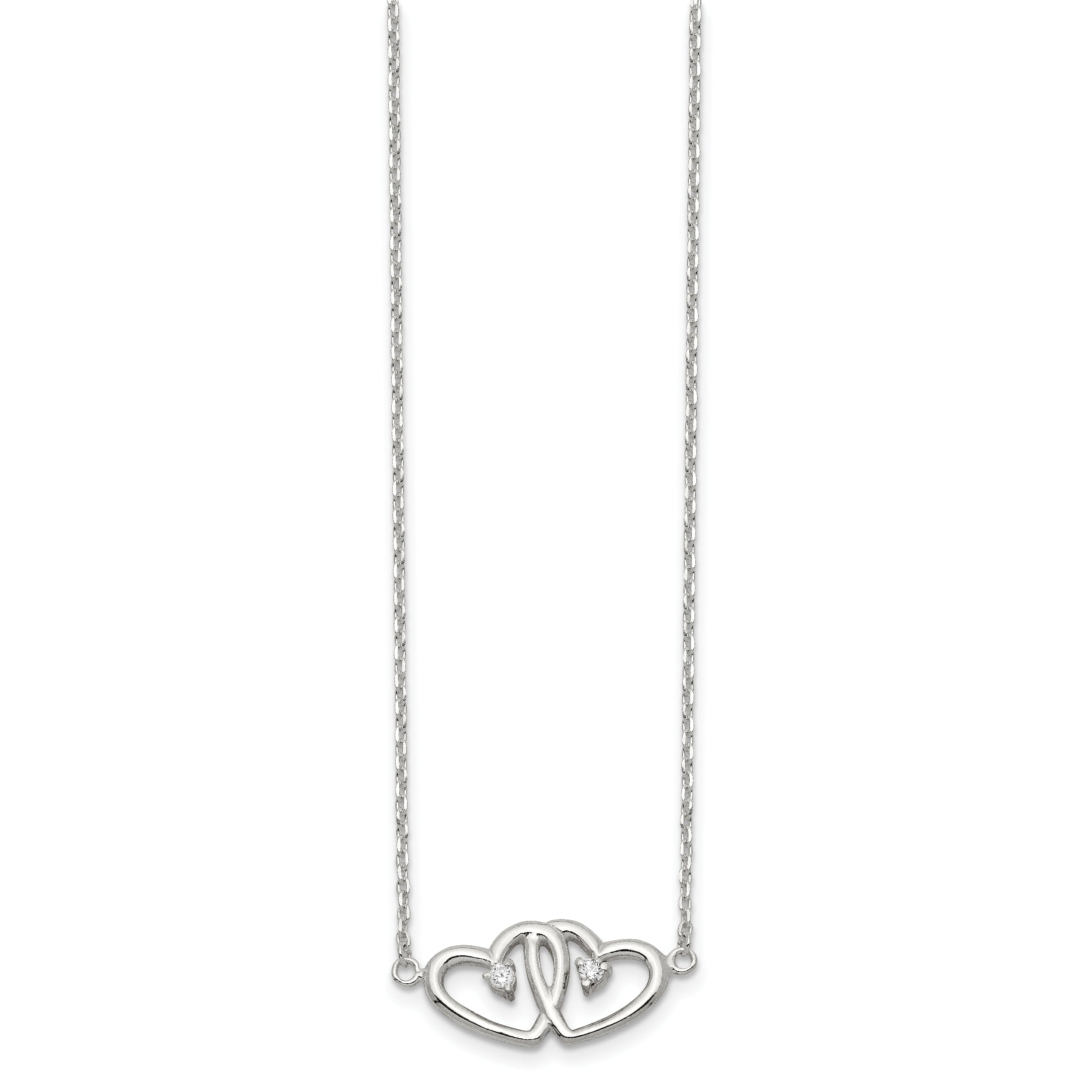 Sterling Silver Polished Two Hearts CZ Necklace