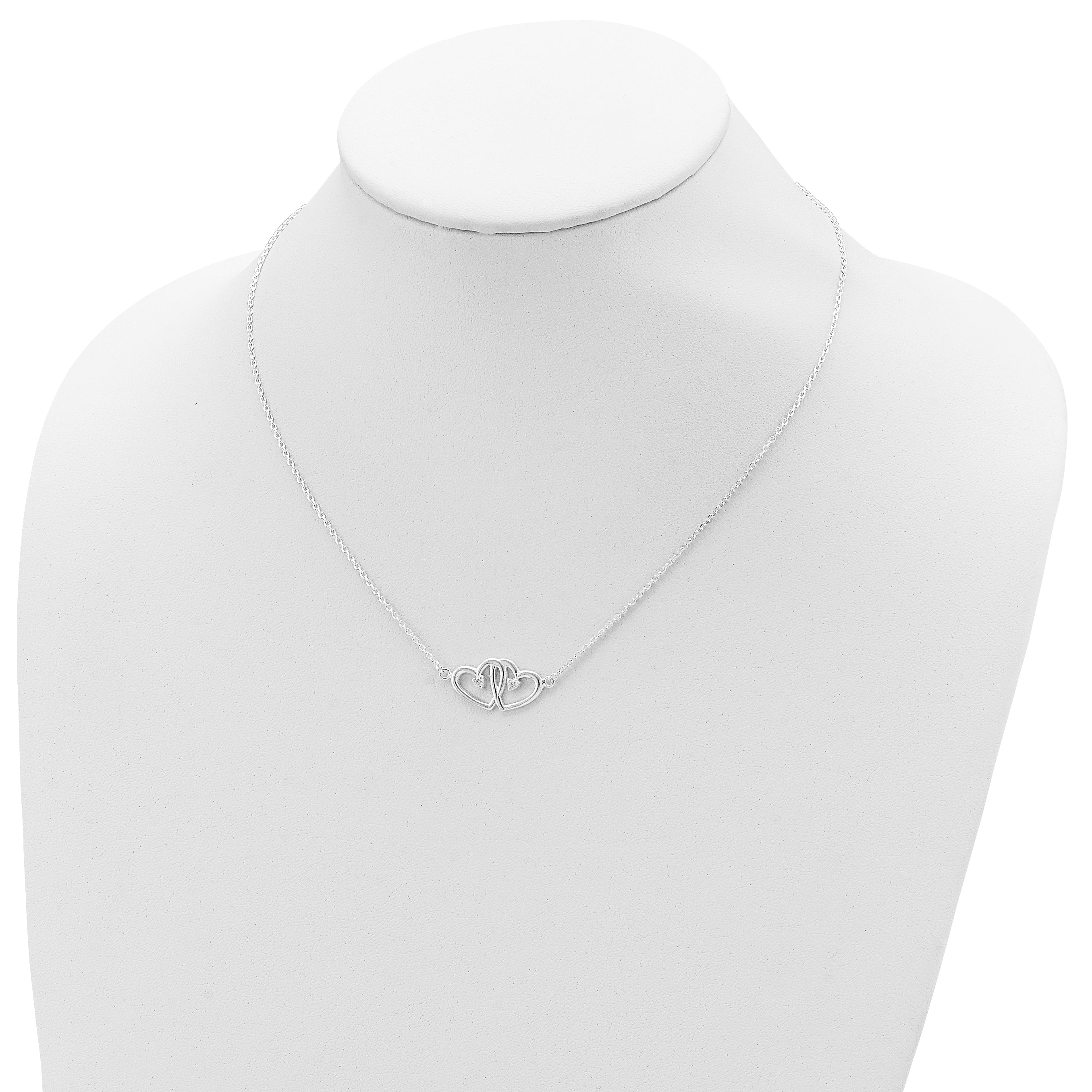 Sterling Silver Polished Two Hearts CZ Necklace