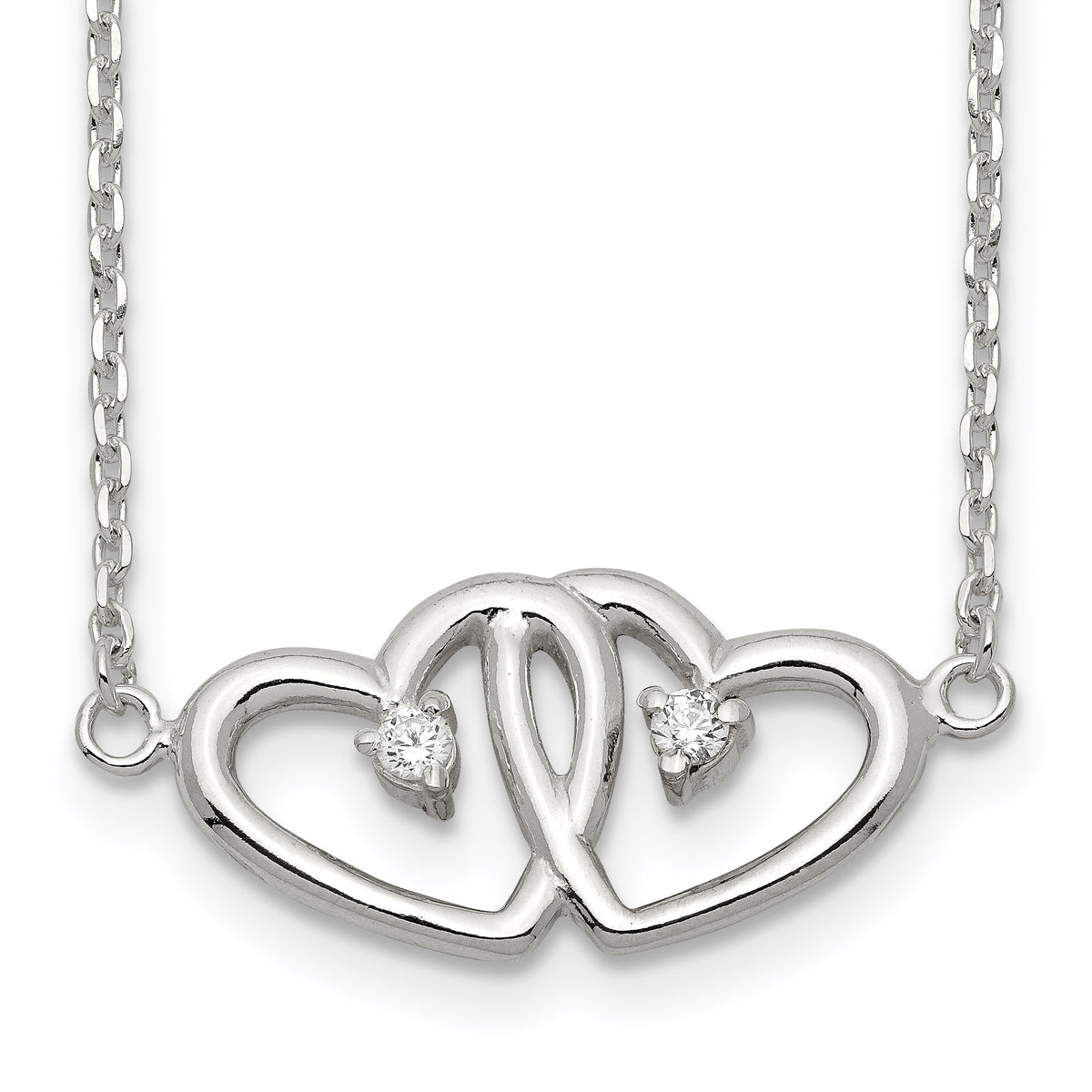 Sterling Silver Polished Two Hearts CZ Necklace