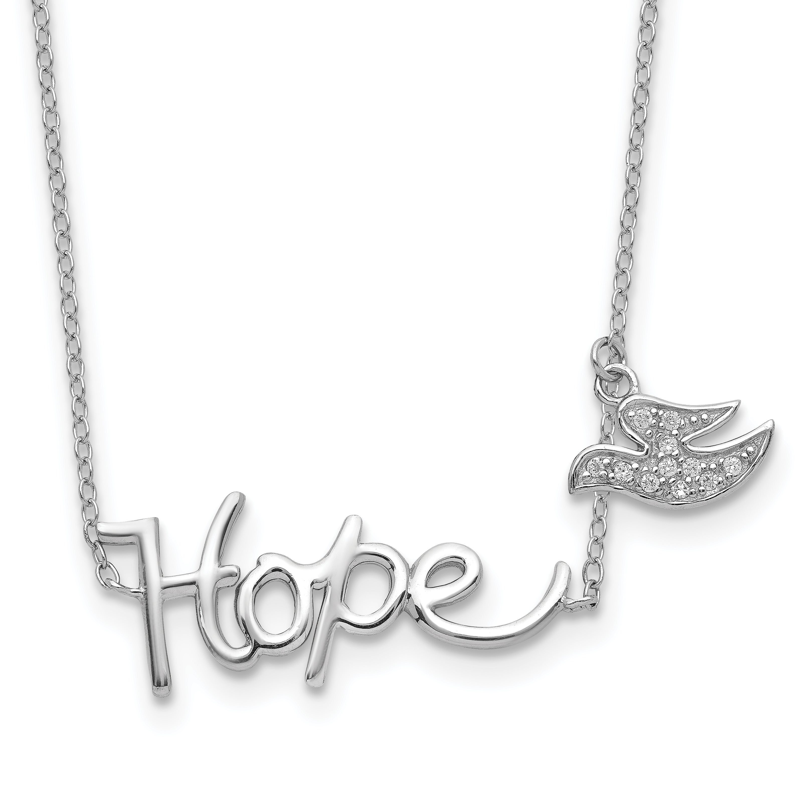 Sterling Silver Rhodium-plated HOPE w/CZ Dove Charm Necklace