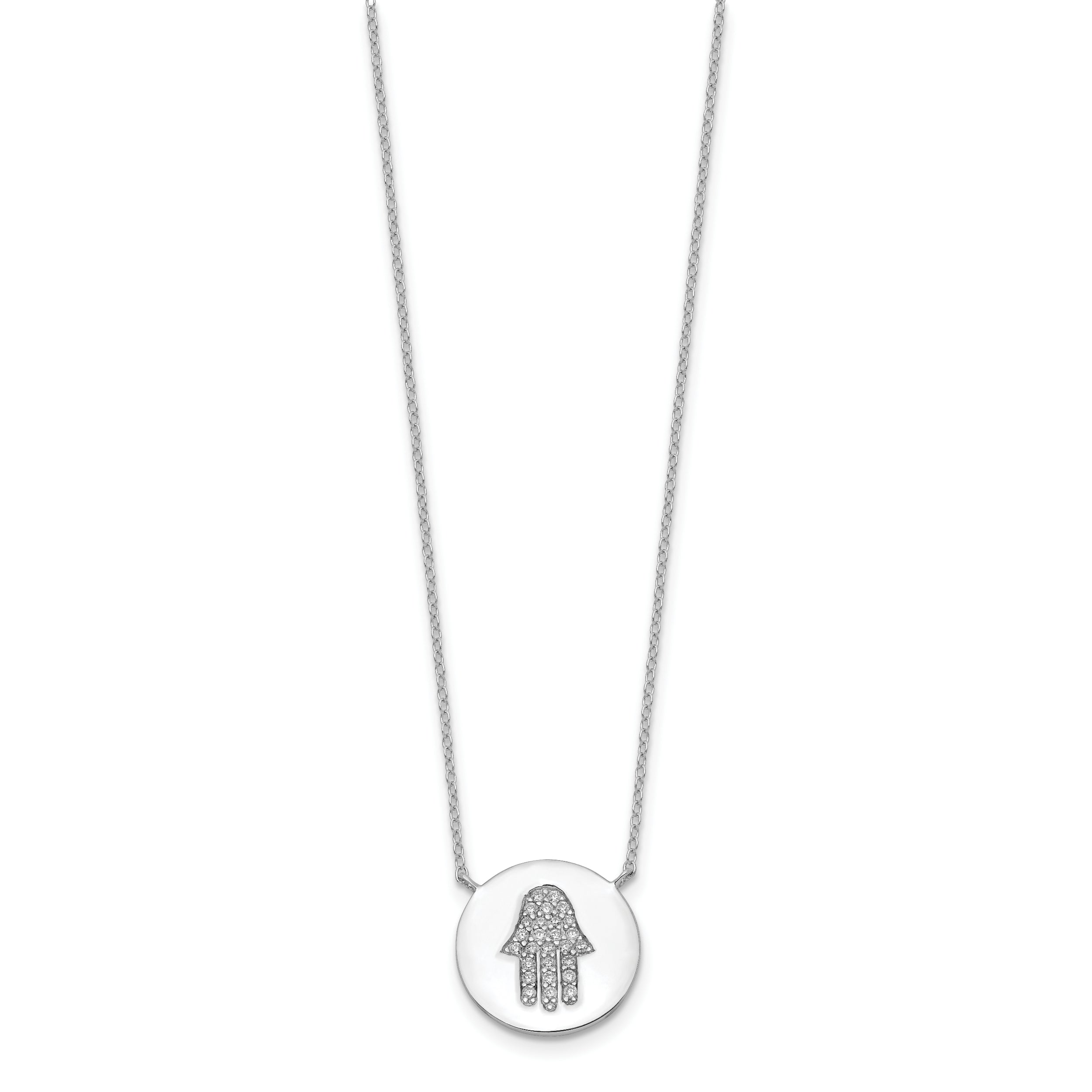 Sterling Silver Rhodium-plated Hamsa w/CZ w/2in ext. Necklace